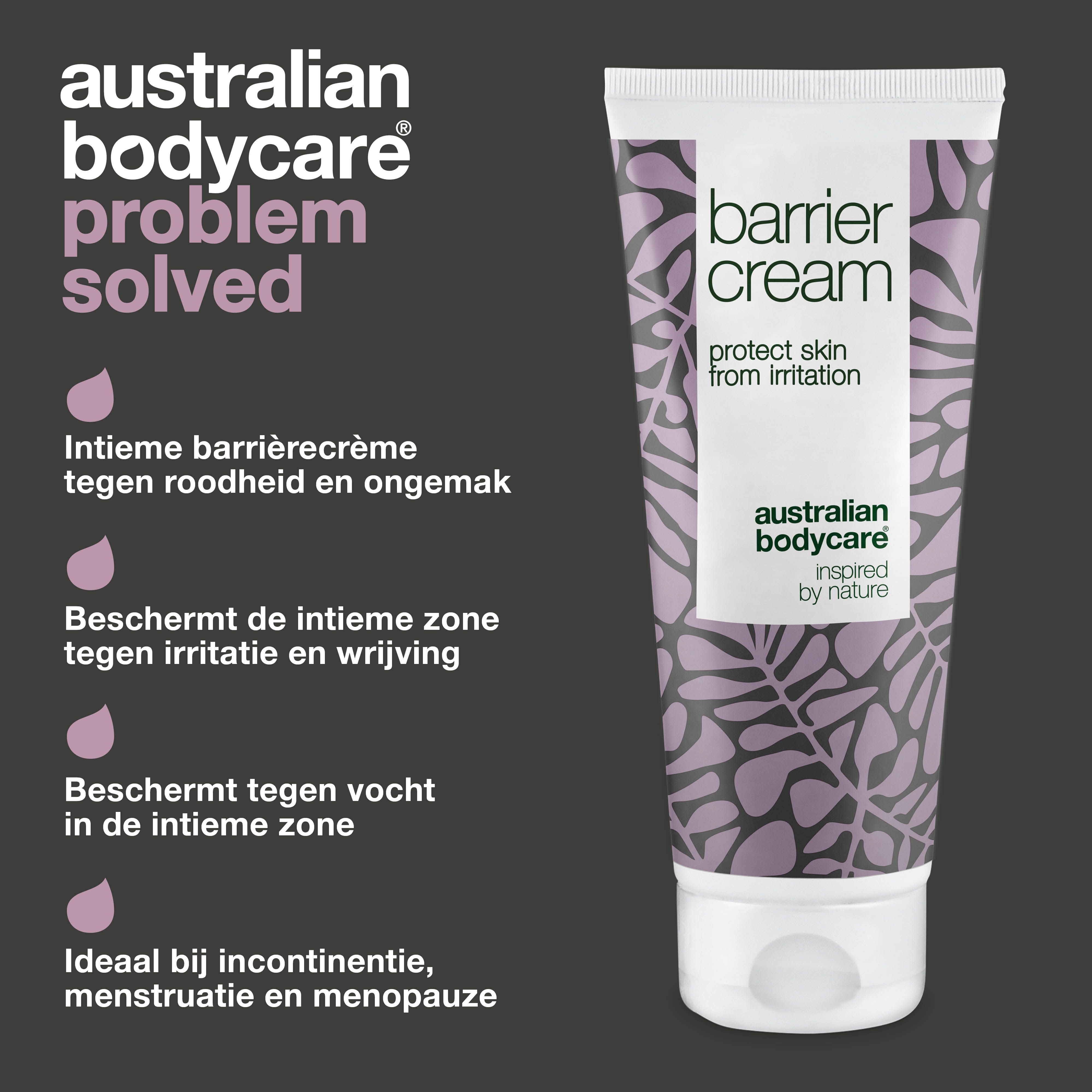 Twee elementen: probleem en oplossing. Tube met bloemenpatroon. Opschrift: Barrier Cream. Merk: Australian Bodycare.