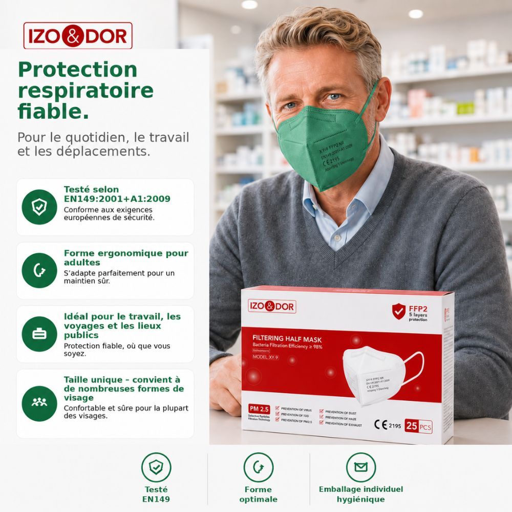 Arrière d'une boîte de masques FFP2 avec spécifications techniques, détails de fabrication et conditions de stockage.