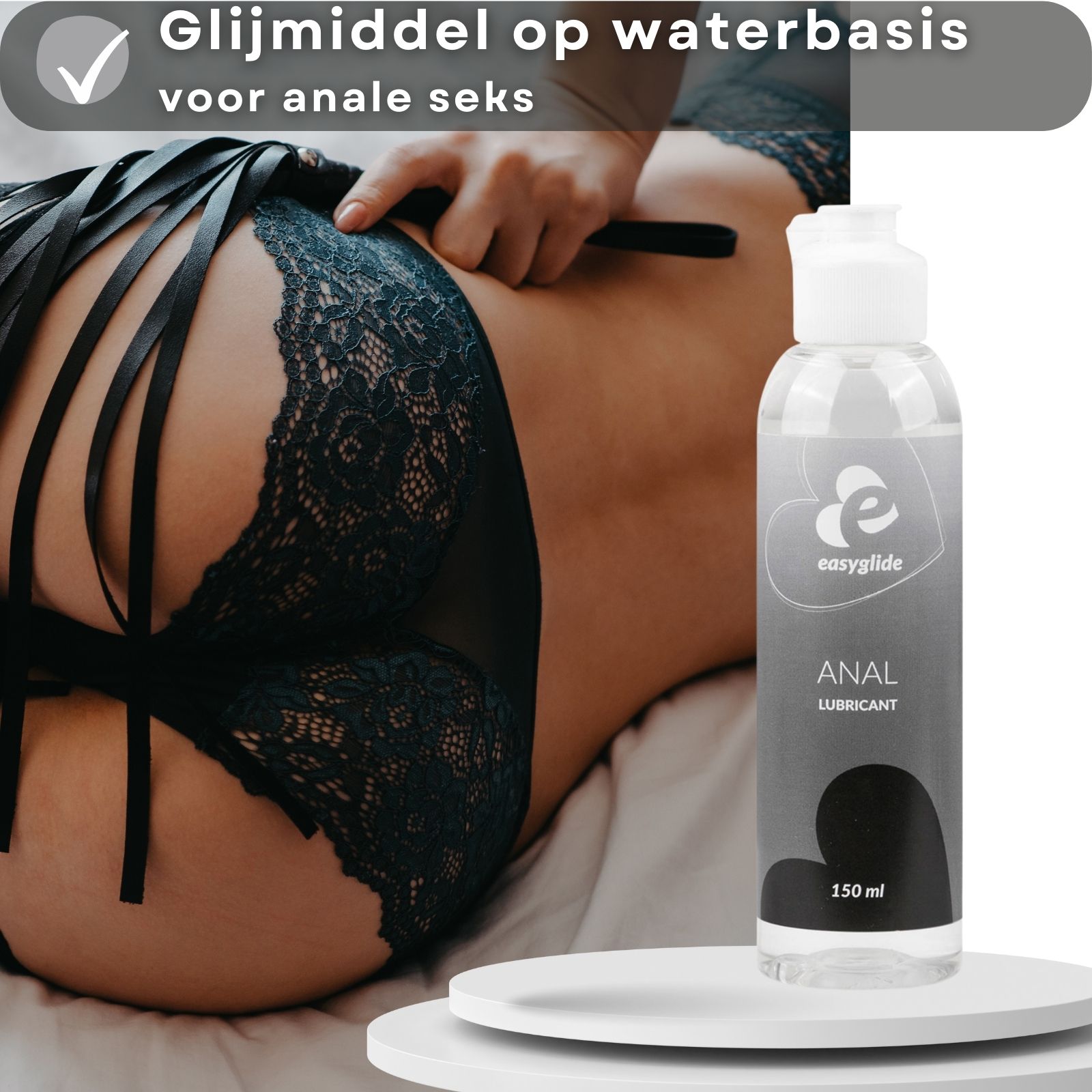 Fles Easyglide Anal glijmiddel. Tekst: Glijmiddel op waterbasis voor anale seks.
