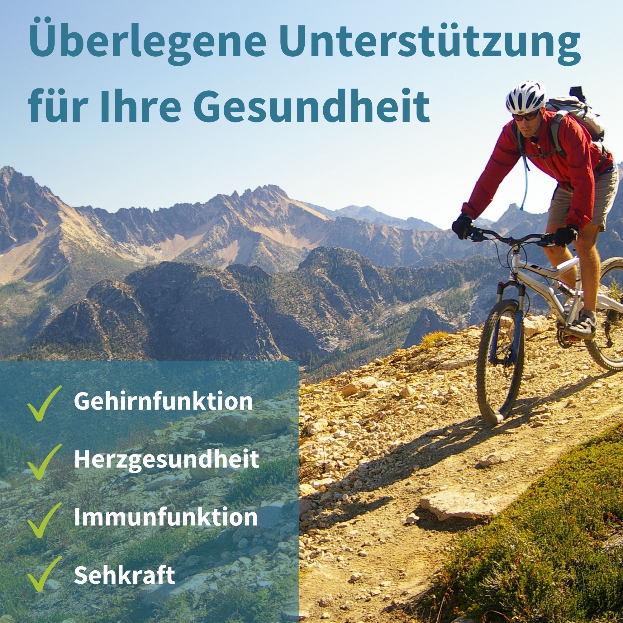 Homme faisant du VTT dans un paysage montagneux, avec texte sur les bienfaits pour la santé.