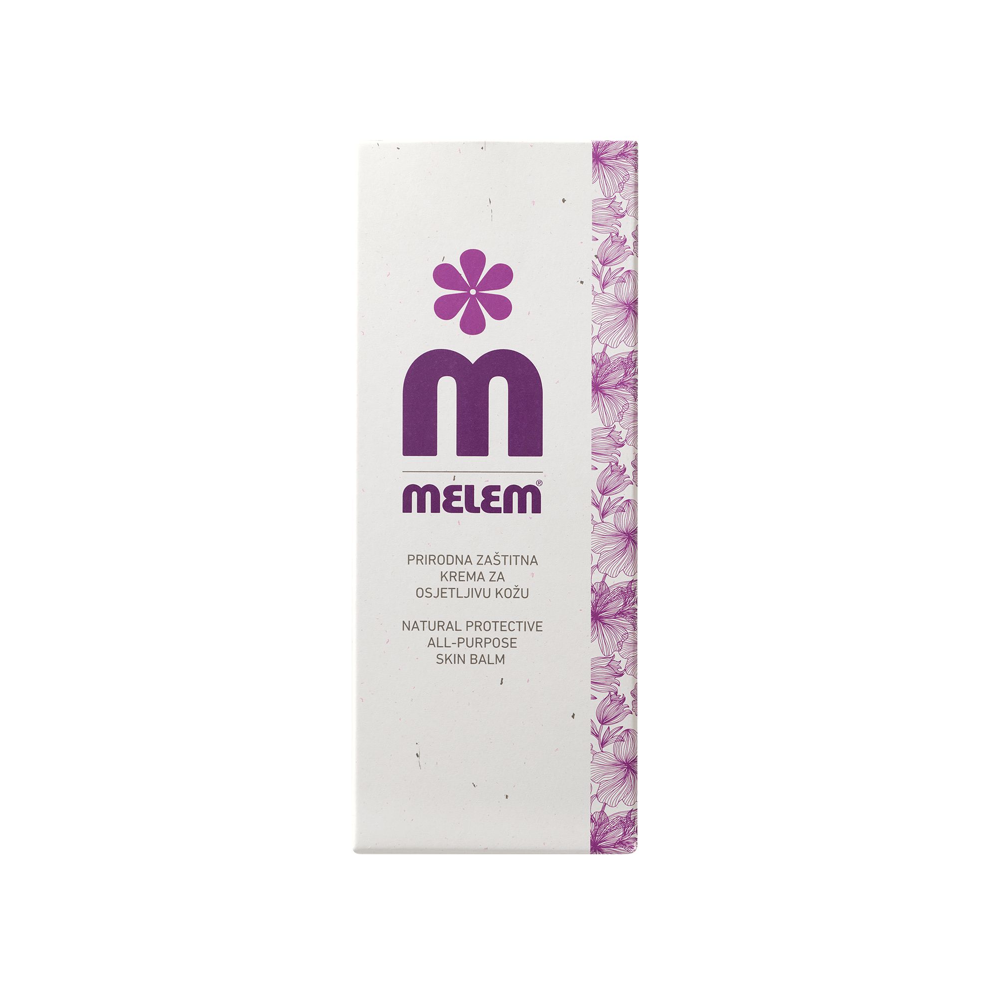Boîte blanche avec logo violet et motif floral. Texte: Melem, crème protectrice naturelle pour peaux sensibles.