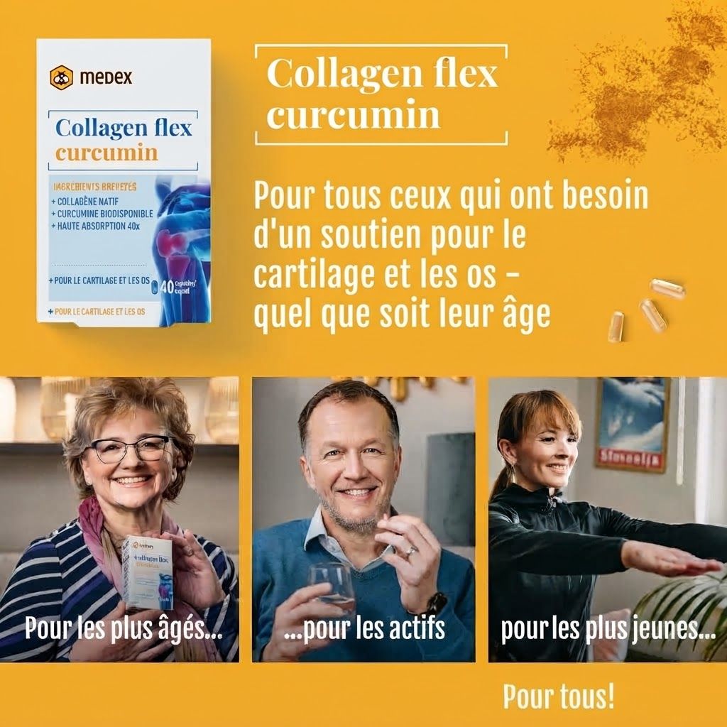 Tableau comparatif Medex Collagen flex Curcumin avec d'autres marques, montrant ingrédients et avantages.