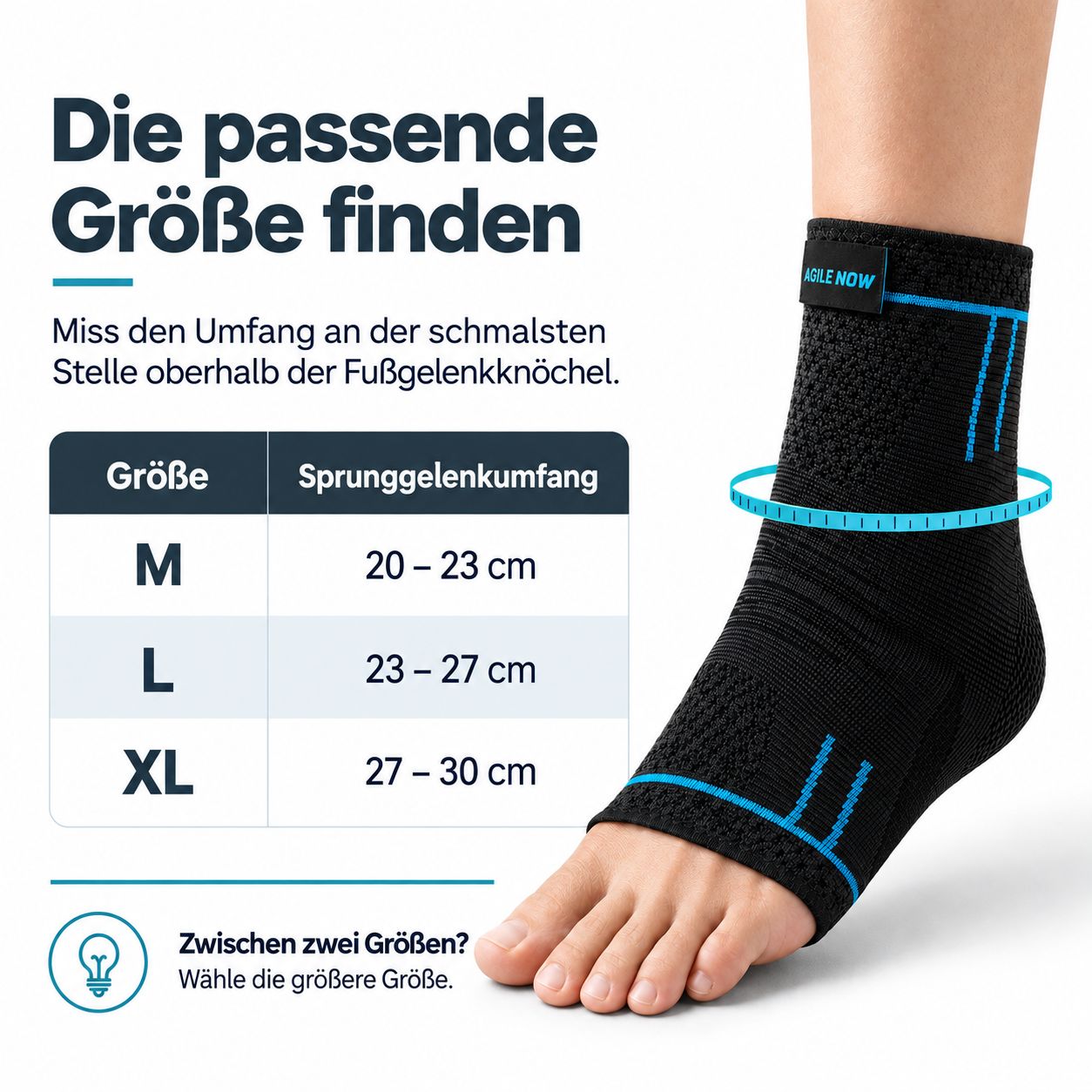 Maattabel voor enkelbraces: M (20-23cm), L (23-27cm), XL (27-30cm).