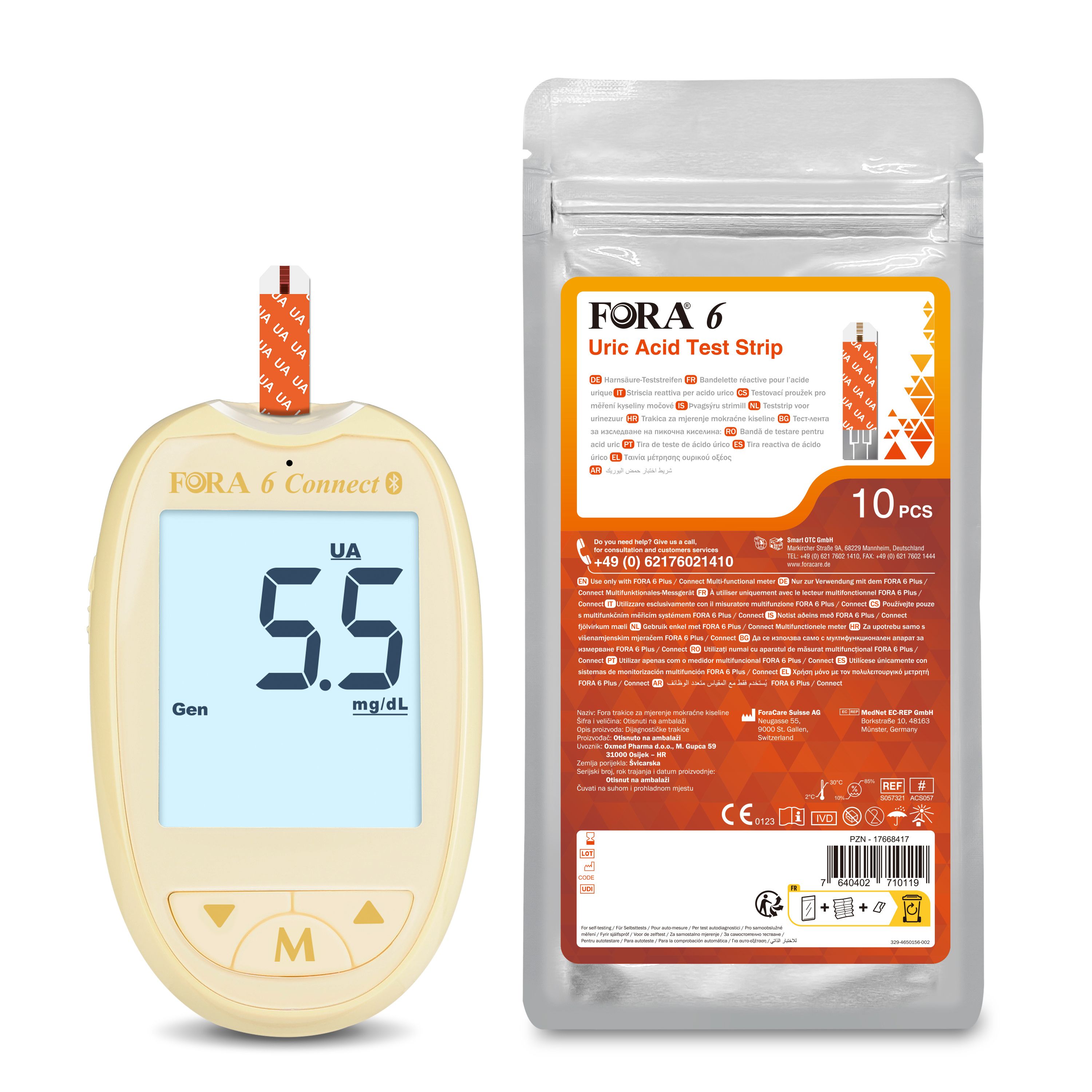 Appareil FORA 6 Connect beige avec écran. Affiche 5.5 mg/dl. À côté, paquet de 10 bandelettes. Texte: FORA 6 Uric Acid Test Strip.