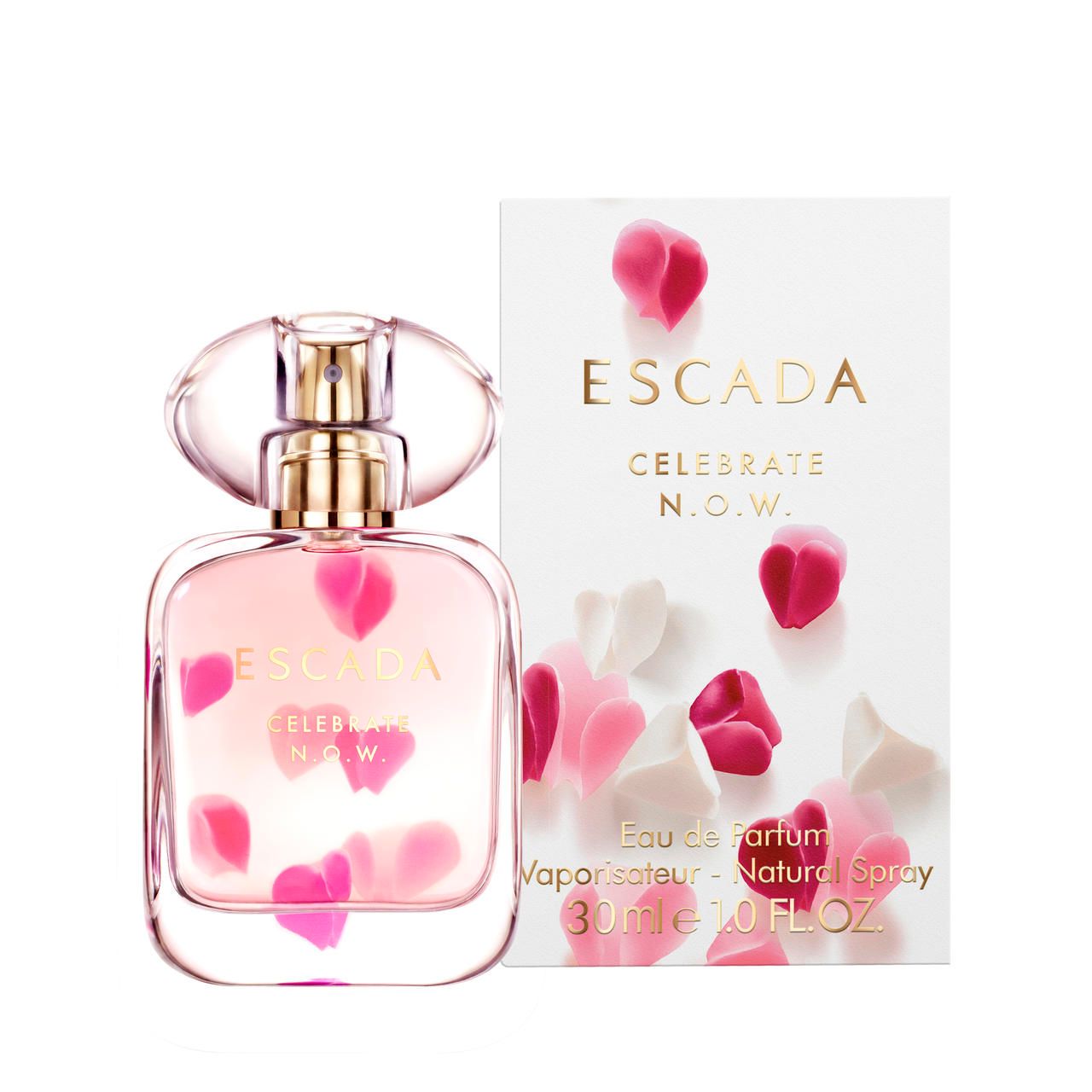 Escada Celebrate N.O.W. EdP Nat. Spray. Flacon et emballage avec pétales. Inscription dorée. Liquide rose dans le flacon.