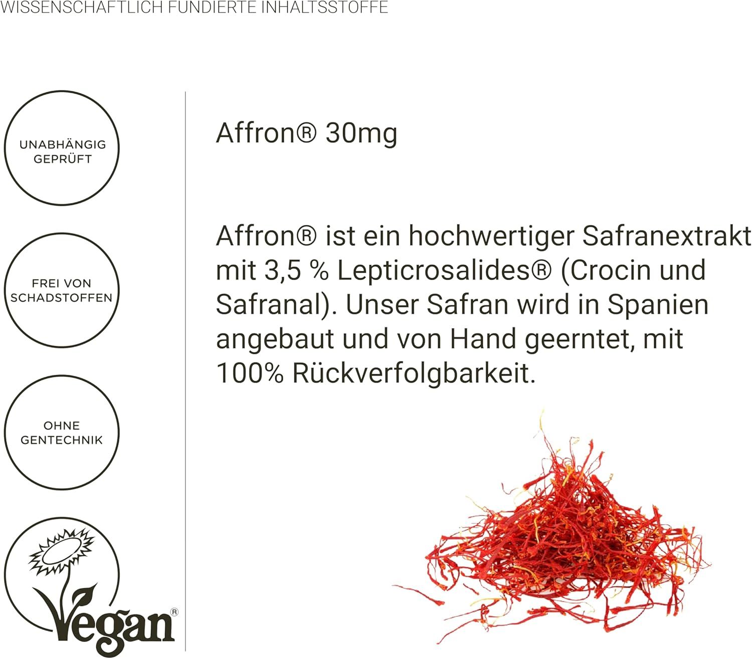 Extrait de safran Affron 30mg, vegan, sans OGM, sans polluants, testé indépendamment.
