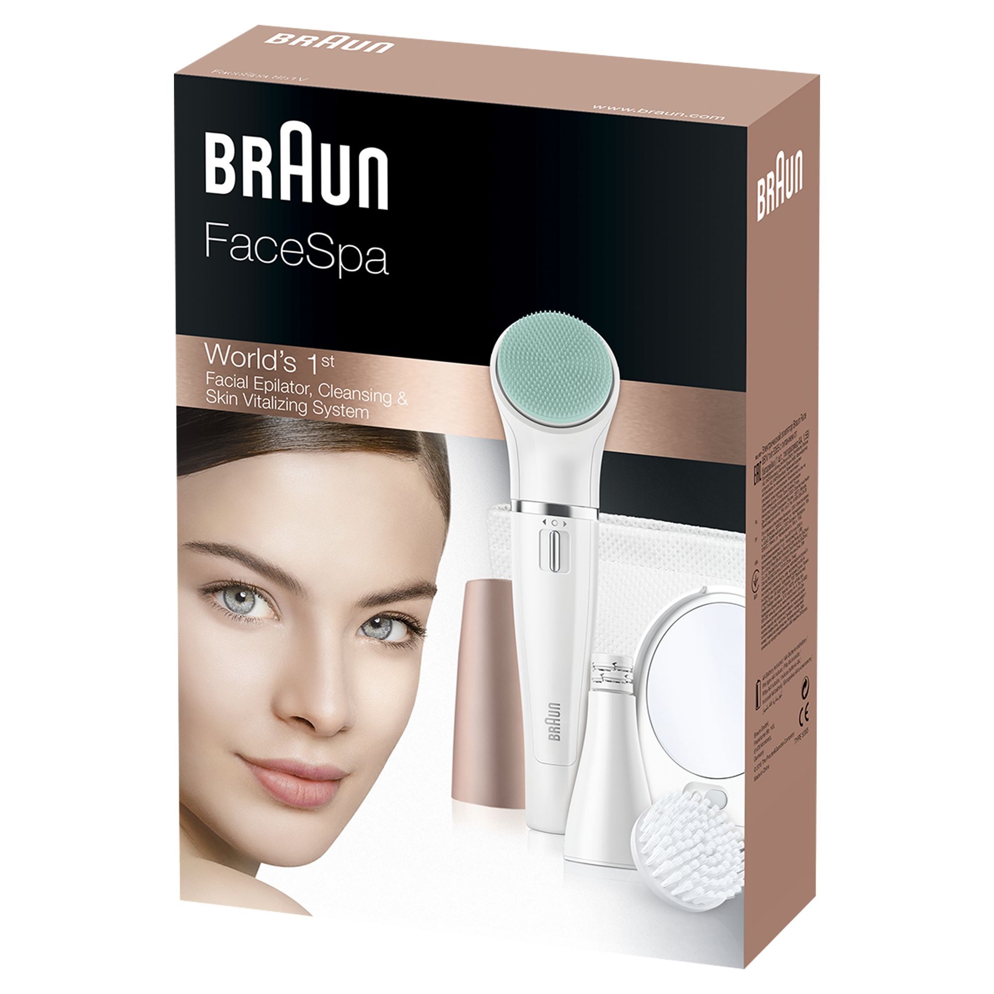 Braun FaceSpa épilateur avec accessoires et trousse de toilette.