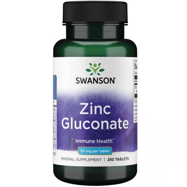 Groene fles met zwarte dop. Label met "SWANSON", "Zinc Gluconate", 30 mg per tablet en 250 tabletten.