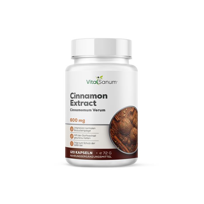 VitaSanum® Kaneelcapsules, 600 mg. Witte container met etiket met kaneelstokjes en kaneelextract.