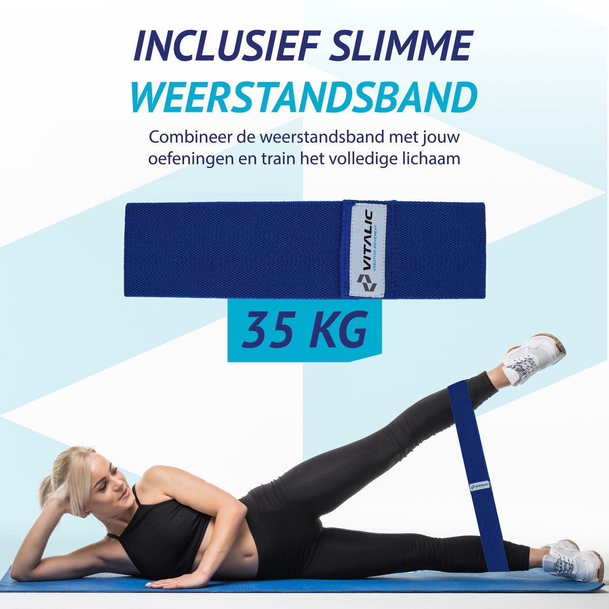 Bande de résistance bleue avec logo VITALIC blanc. Femme s'entraînant avec la bande. Texte : 35 KG.
