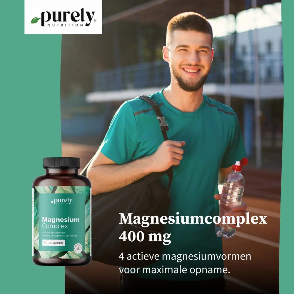 Man met fles en waterfles. Opschrift: Magnesiumcomplex 400 mg. Groen-wit etiket.