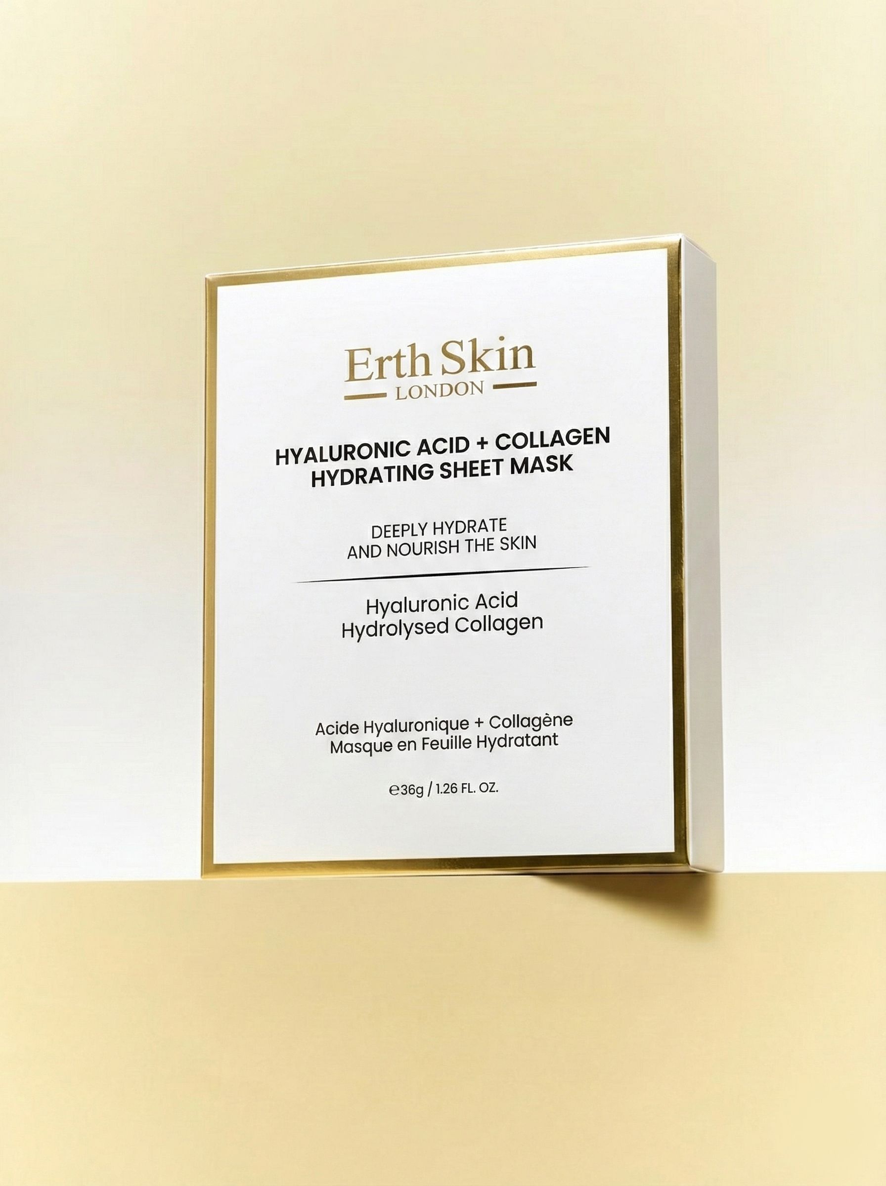 Emballage blanc avec des accents dorés. Inscription : Erth Skin London, Hyaluronic Acid + Collagen Hydrating Sheet Mask.