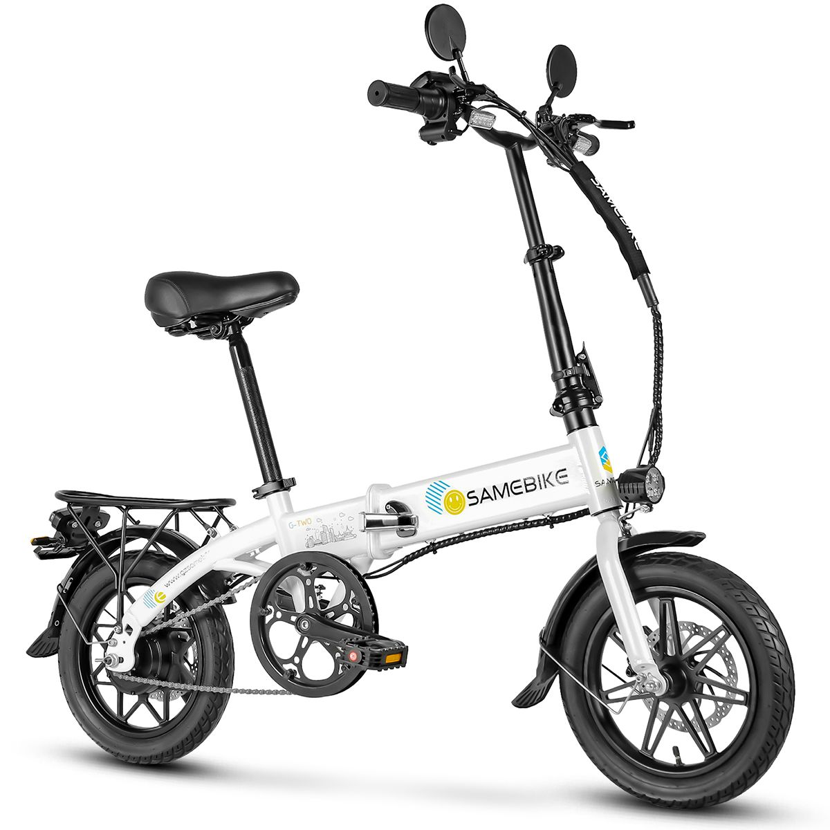 Vélo électrique pliable blanc, pneus et selle noirs. Marque SAMEBIKE. Porte-bagages arrière.