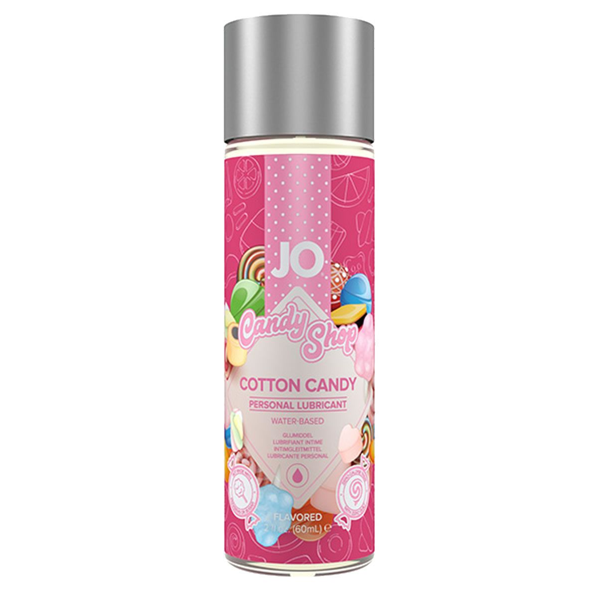 Flacon cylindrique avec bouchon argenté. Étiquette rose avec illustrations de bonbons et texte: JO Candy Shop Cotton Candy. À base d'eau.