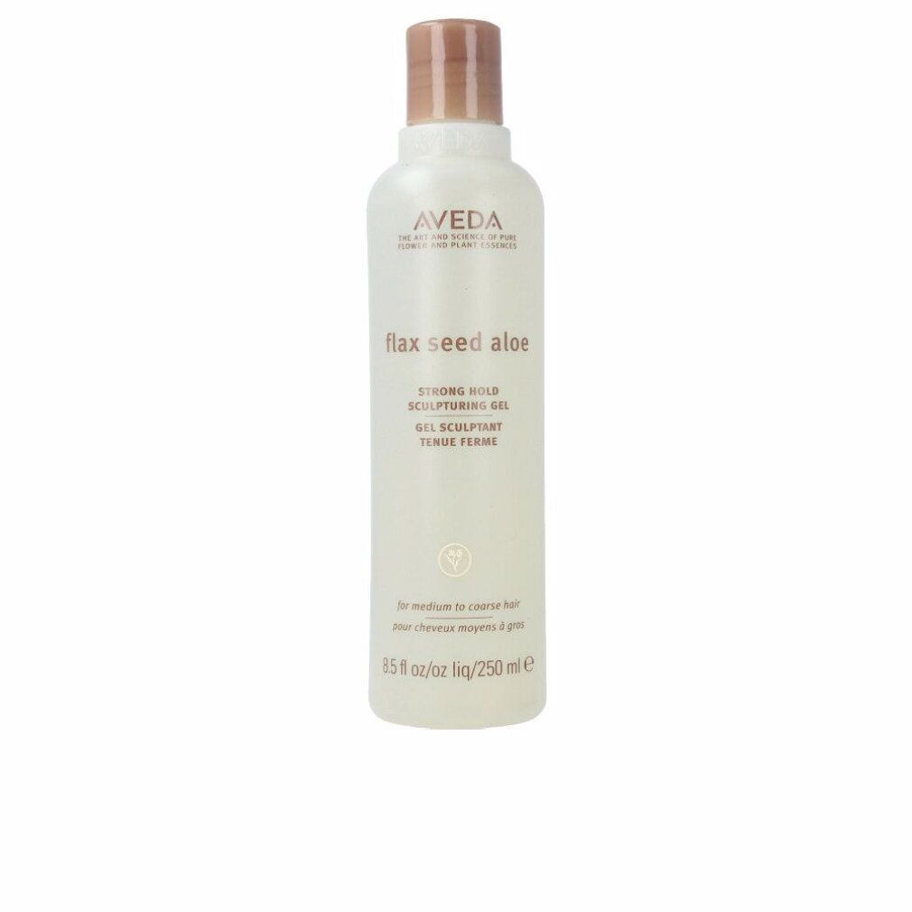 Aveda-haargel. Witte fles met bruine dop. Tekst: "flax seed aloe", "STRONG HOLD SCULPTURING GEL". 250 ml.