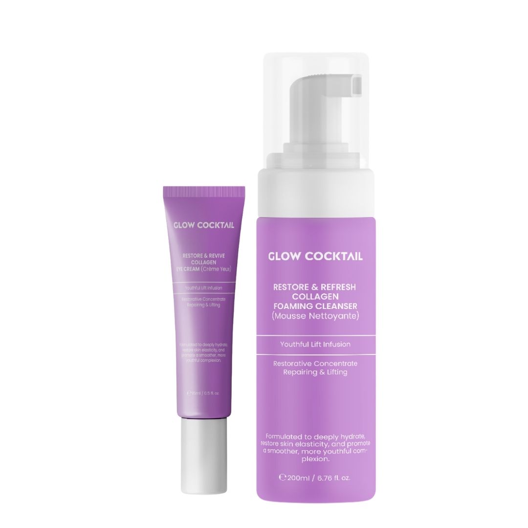 Deux produits. Gel nettoyant et crème pour les yeux. Flacons violets avec texte : Glow Cocktail, Restore & Refresh Collagen.