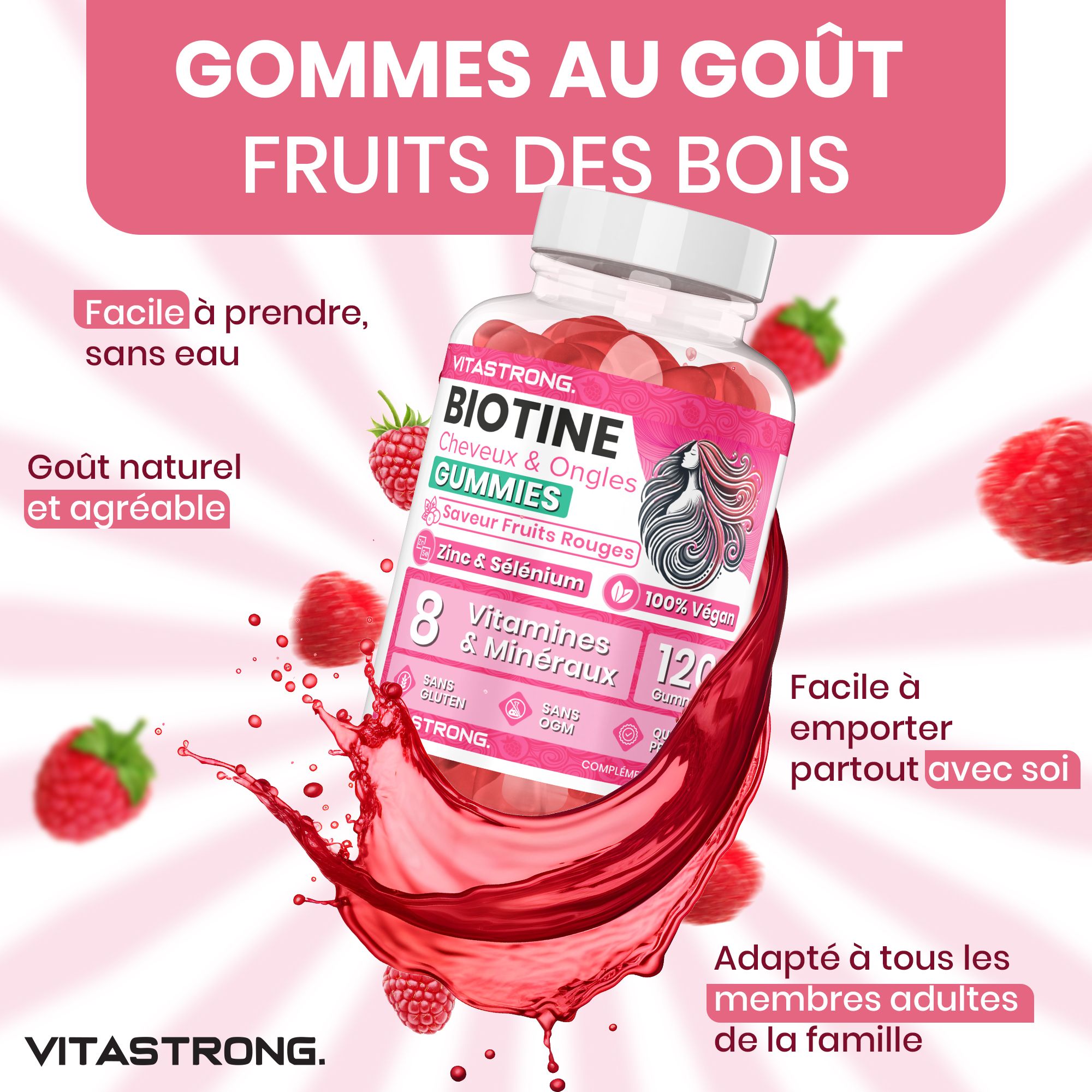 Pot met gummies en frambozenspat. Tekst: Biotine Gummies, 120 gummies, 8 vitaminen & mineralen. Bosvruchtensmaak.