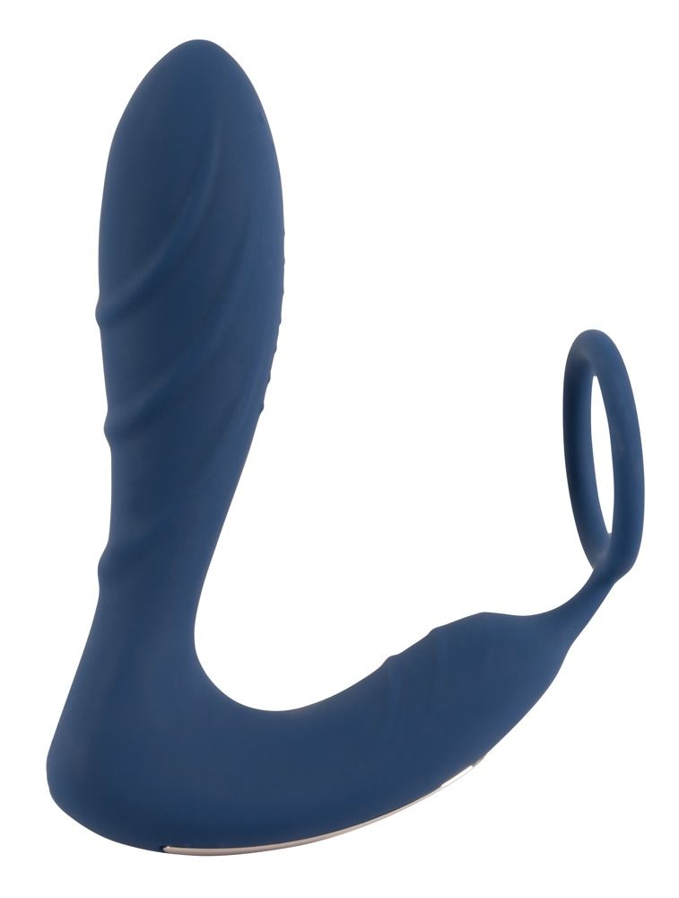 Plug anal bleu avec anneau pénien et stimulateur périnéal. Forme incurvée et surface lisse.