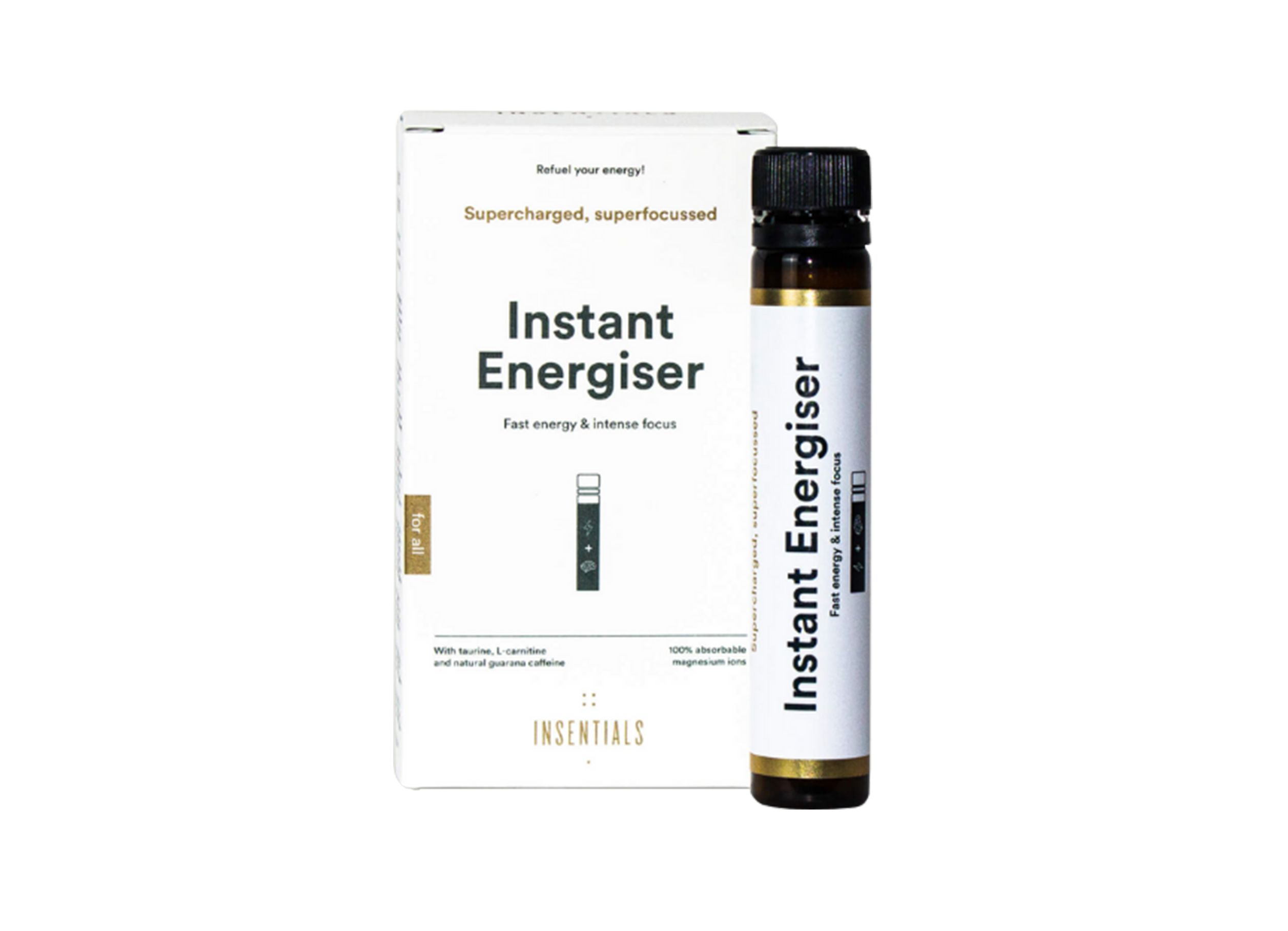 Doos met productafbeelding en tekst 'Instant Energiser'. Fles met zwarte dop ernaast.