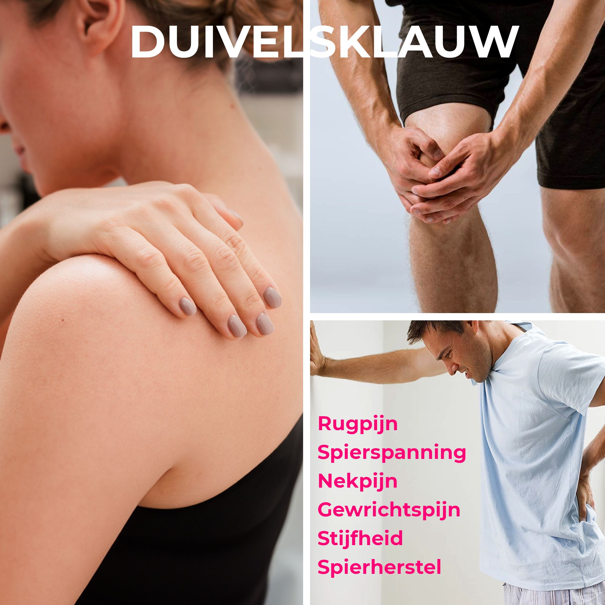Collage: Benen, nek- en rugpijn. Arnica 98% Estrema voor pijnverlichting.