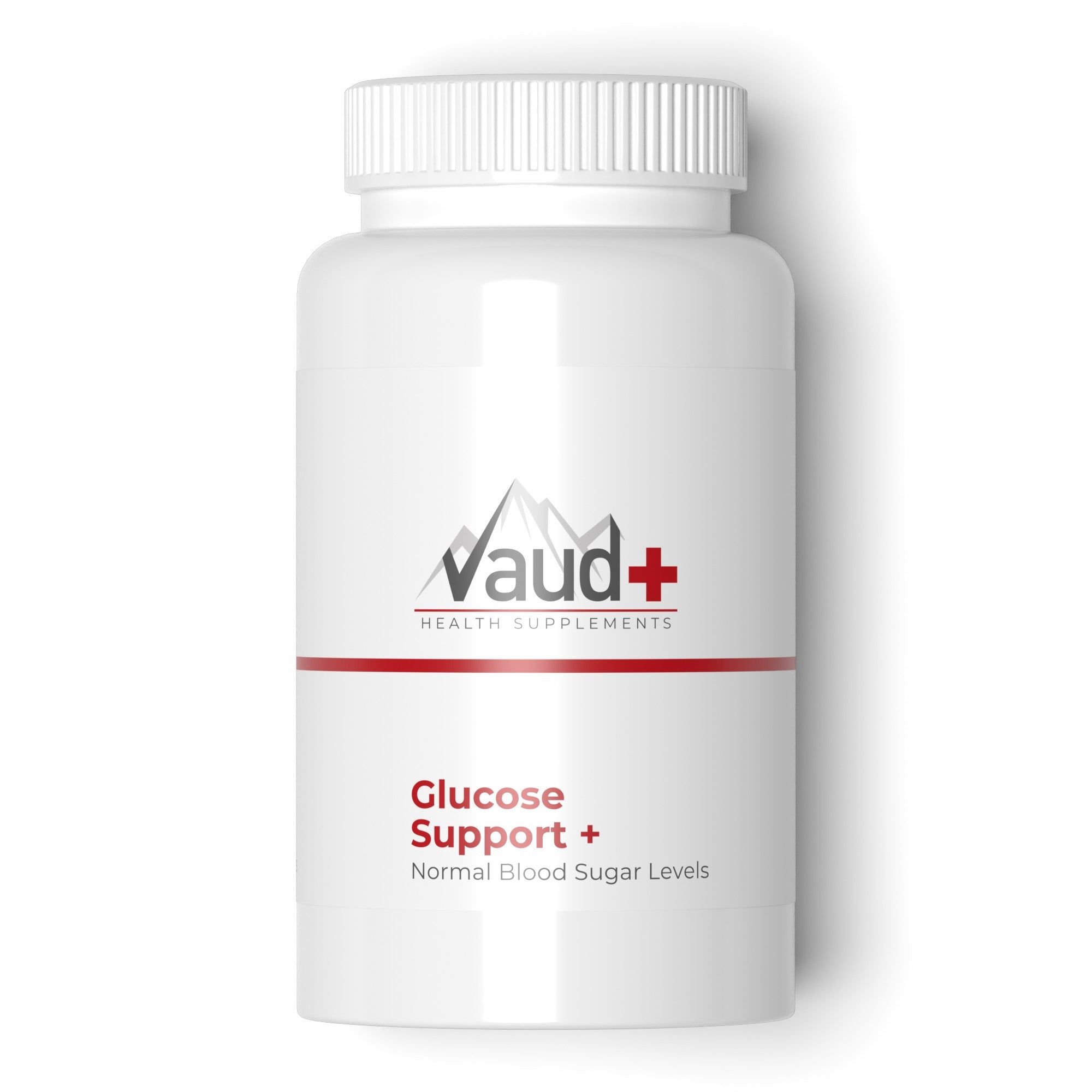 Witte fles met rode en witte tekst. Opschrift: Vaud+ Health Supplements, Glucose Support + Normal Blood Sugar Levels.