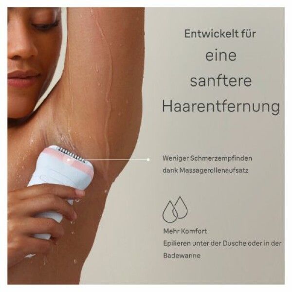 Une femme s'épile les aisselles avec le Braun Silk-épil 7. "Conçu pour une épilation plus douce" et "Moins de douleur" sont visibles.