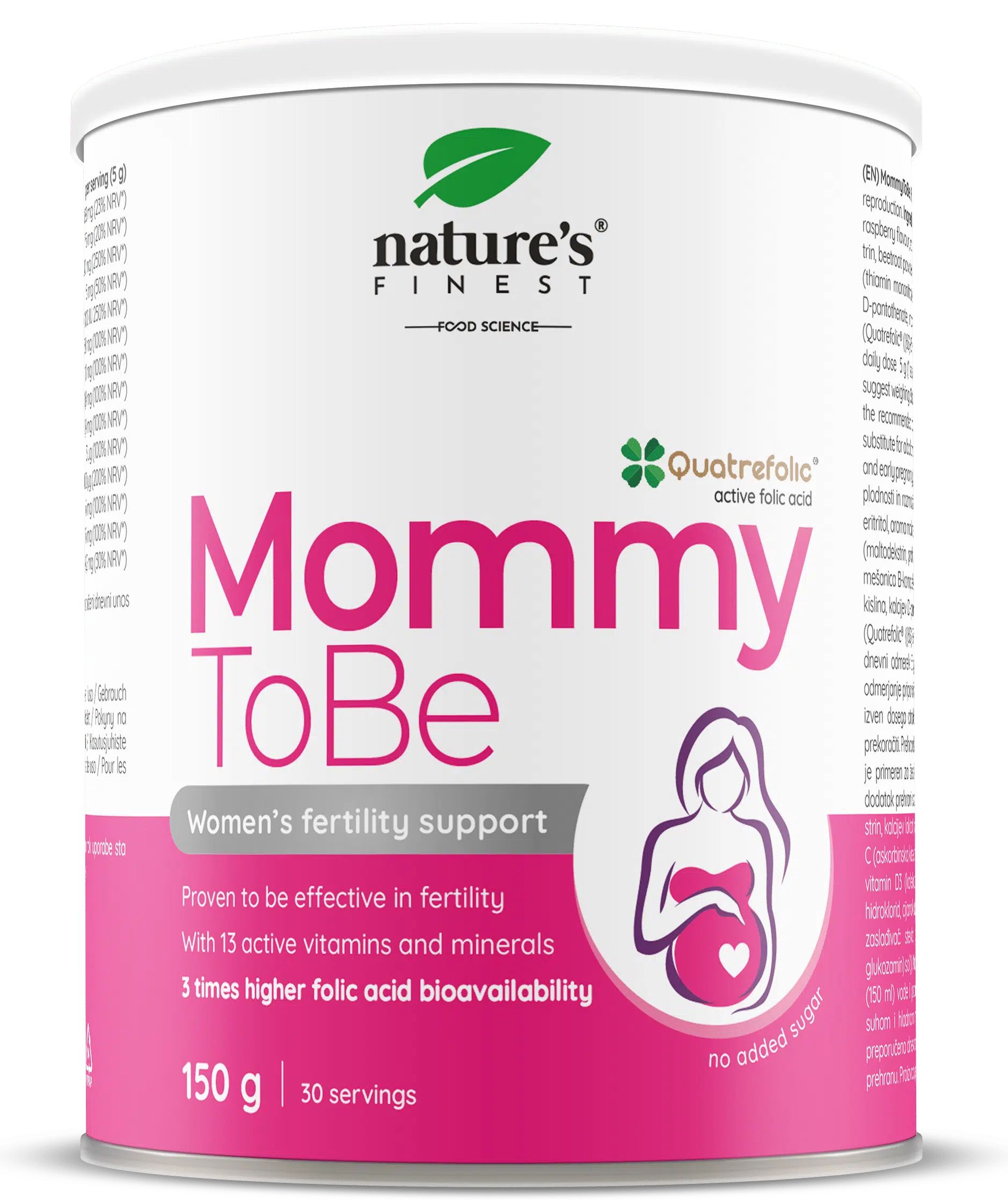 Blik Nature's Finest Mommy ToBe. Roze-wit design. Bevat 150g en 30 porties. Logo en illustratie van een zwangere vrouw.