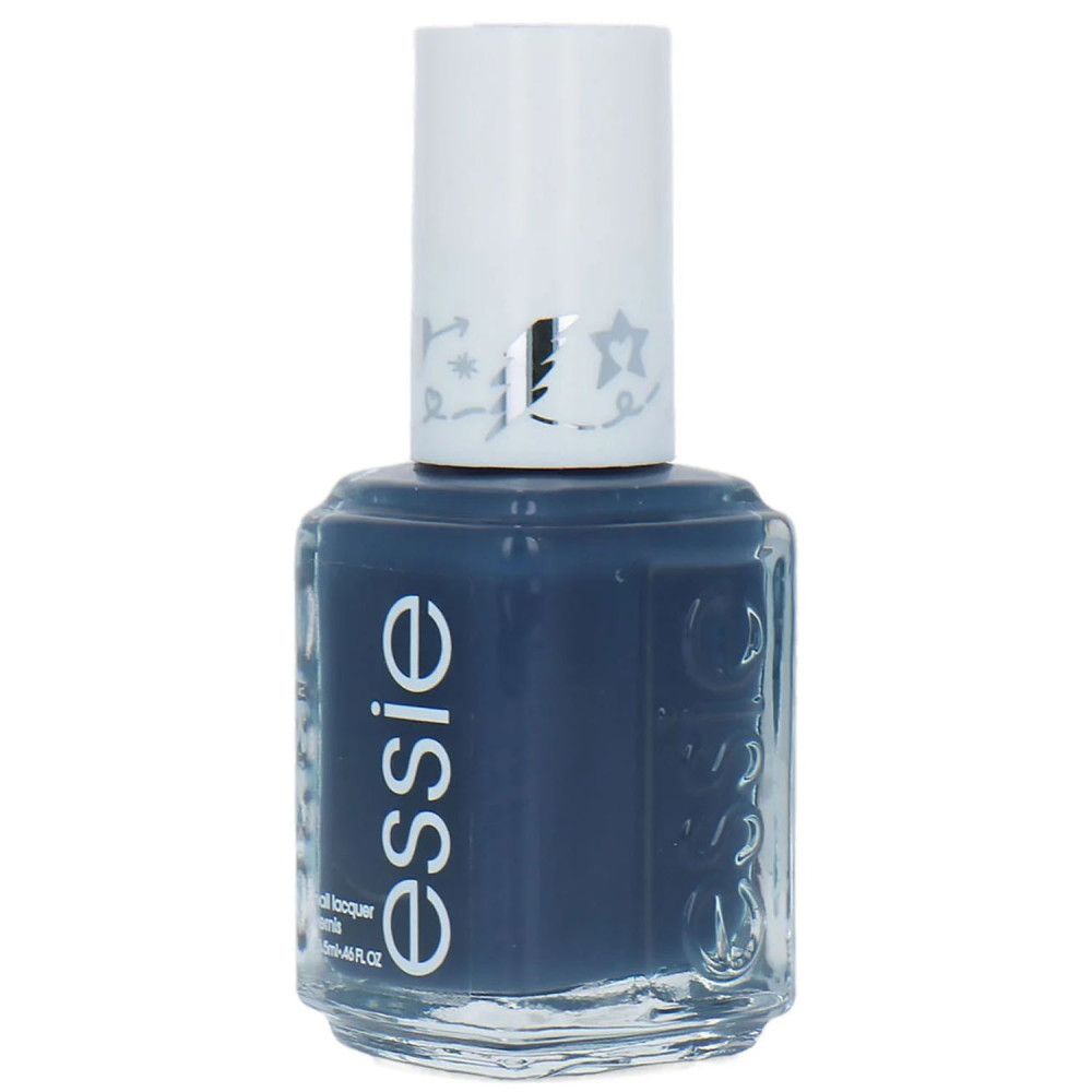 Essie nagellakfles, blauw. Witte dop met sterrenpatroon. Transparante glazen fles.