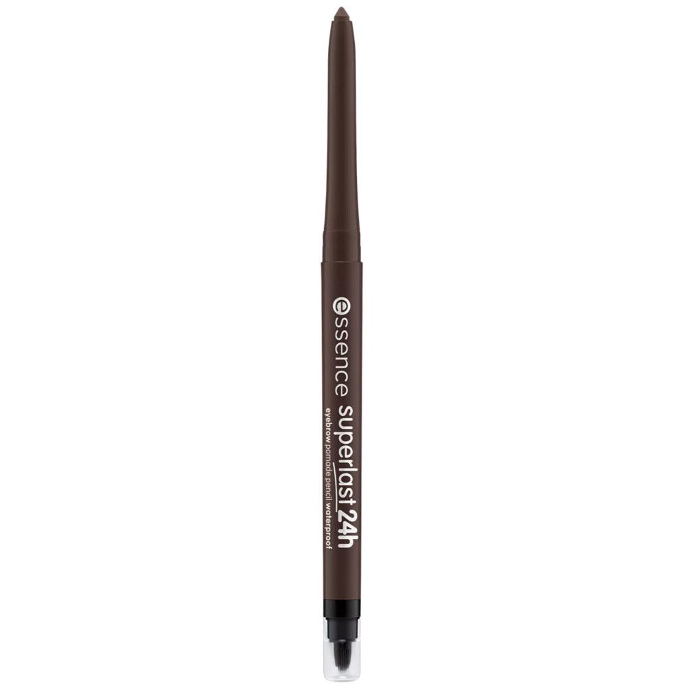 Crayon à sourcils brun avec pointe noire et capuchon transparent. Inscription: essence superlast 24h waterproof.