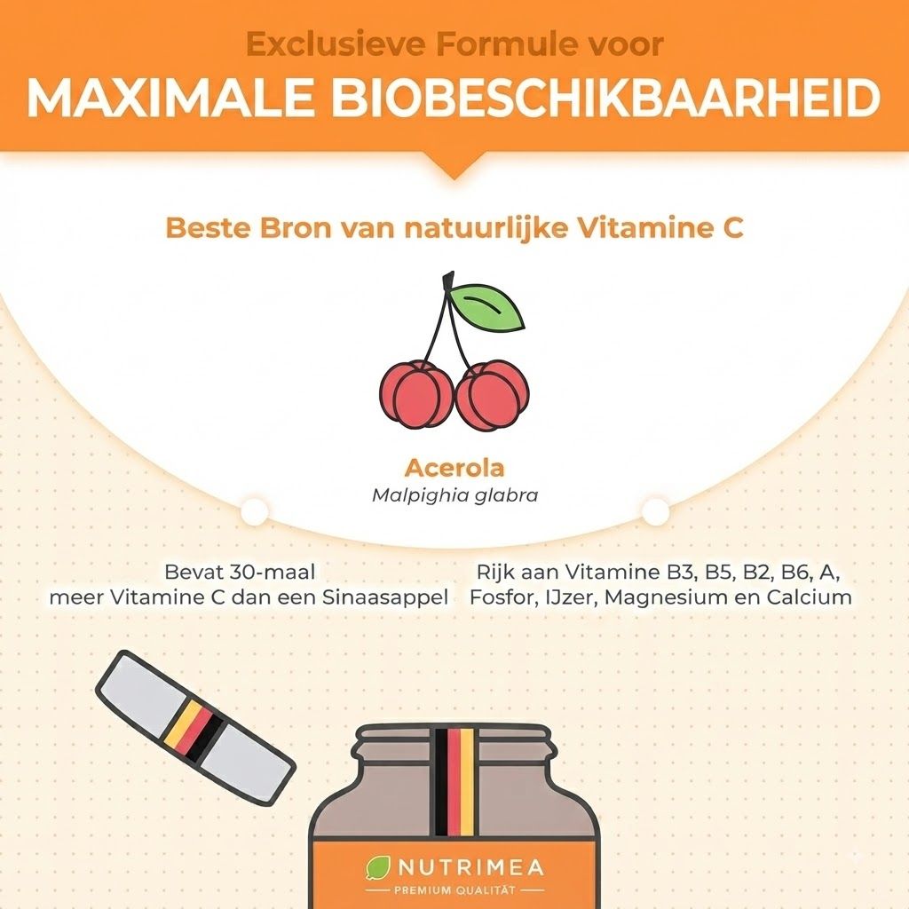 Fles met acerola kersen en tekst over vitamine C.