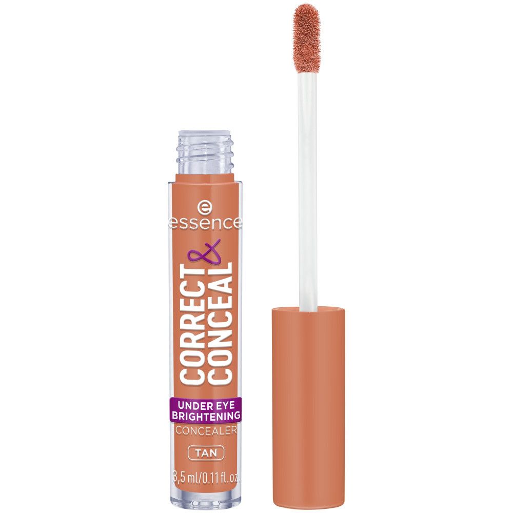 Concealer tube met applicator. Opschrift: Correct & Conceal, Tan. Merk: essence. Kleur: lichtbruin.