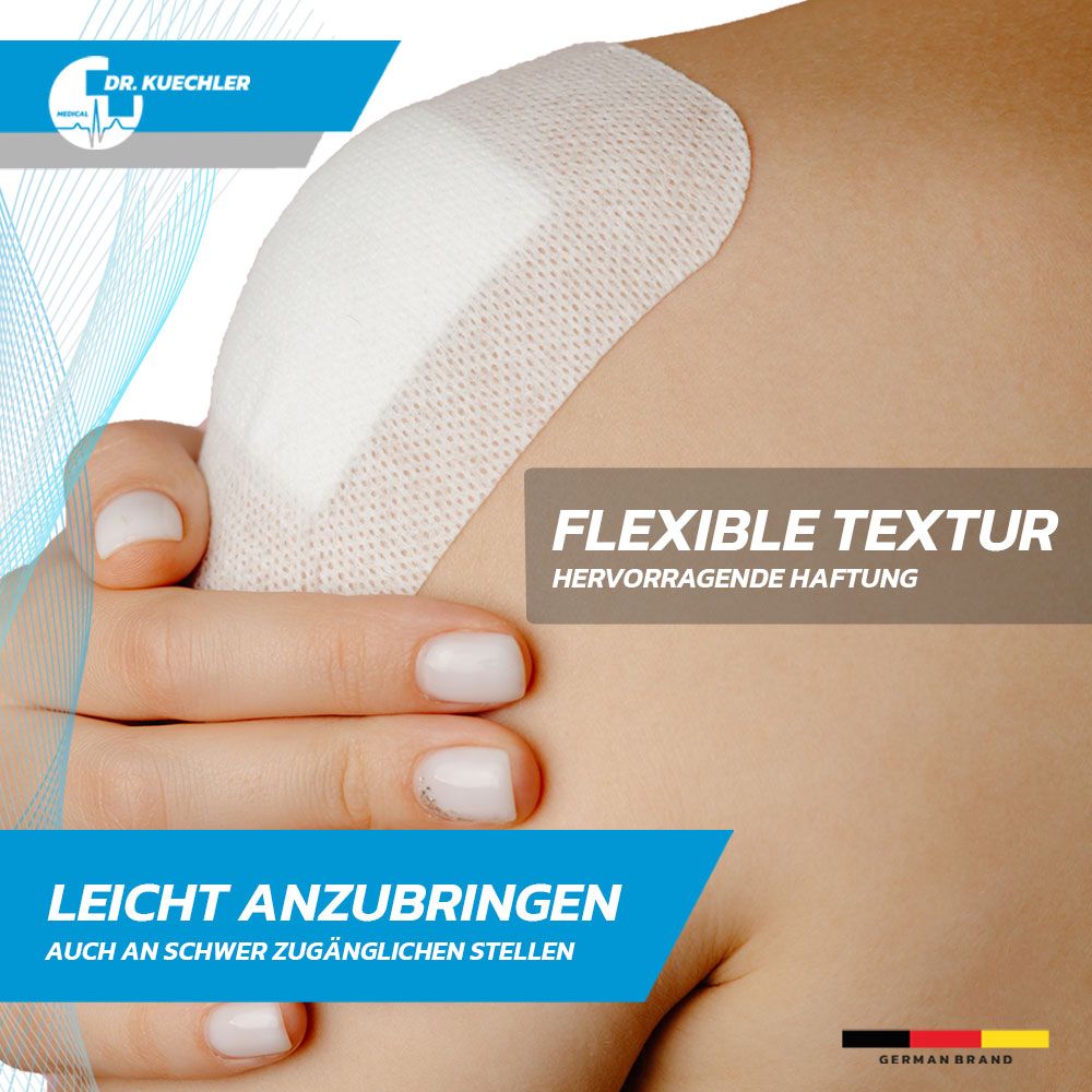 Pleister op schouder geplakt. Flexibele textuur, uitstekende hechting. Merk: Dr. Kuechler.
