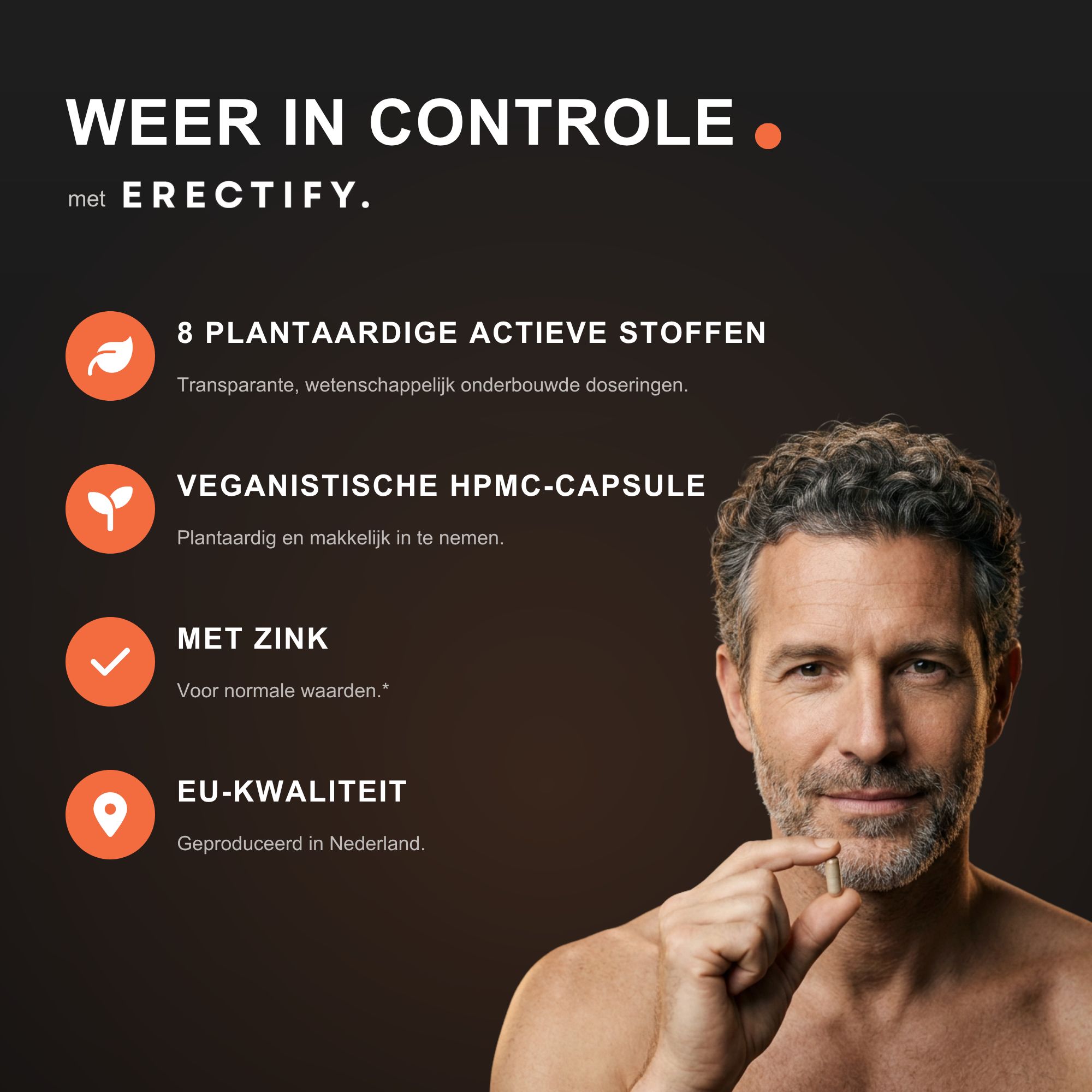 Man houdt capsule vast. Tekst benadrukt 8 plantaardige actieve stoffen, vegan capsule, zink en EU-kwaliteit.