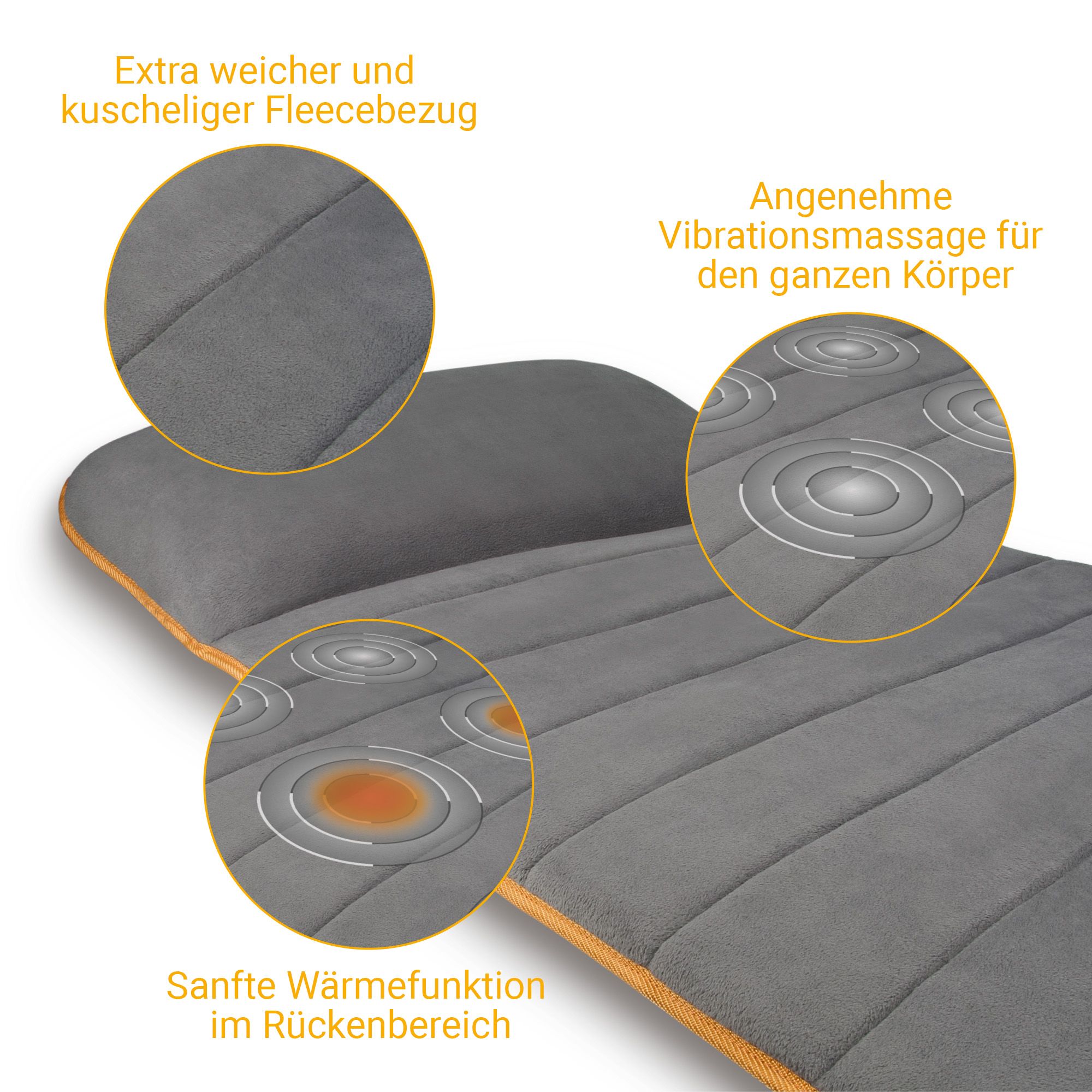 Vue détaillée tapis de massage : revêtement polaire doux, massage par vibrations, fonction chauffante.