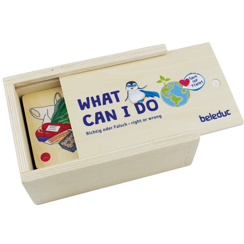 Boîte en bois ouverte avec couvercle. Inscription "WHAT CAN I DO". Logo Beleduc. Illustrations. Label FSC.