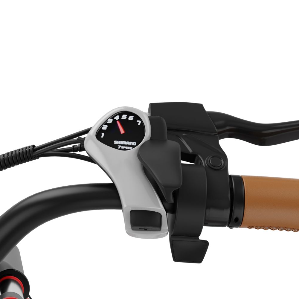Close-up van het stuur van een e-bike. Shimano 7-versnellingsschakelaar. Bruine handvatten.