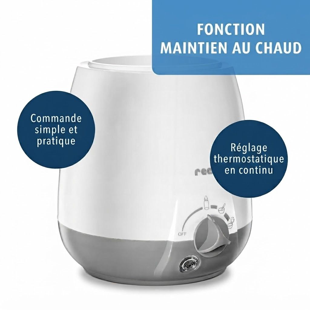 Un chauffe-biberon blanc et gris avec commandes et réglage de température.