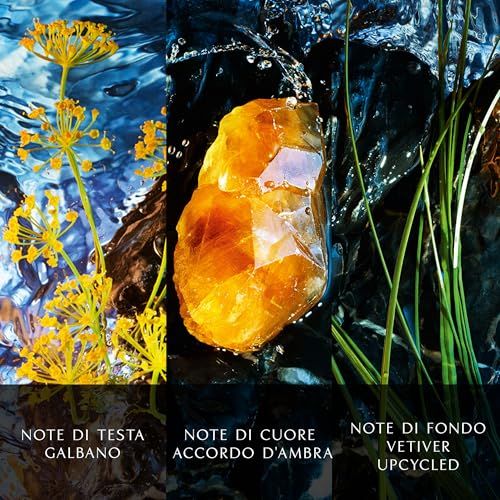 Trois éléments : Galbanum, Accord Ambre et Vétiver Upcyclé. Texte italien.