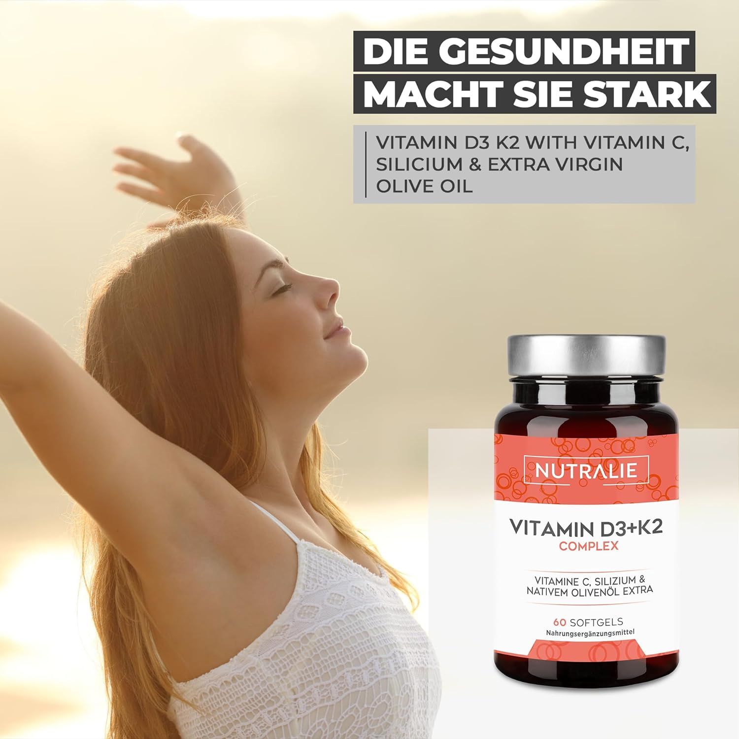 Bouteille Nutralie Vitamine D3+K2 Complex à côté d'une femme bras levés.