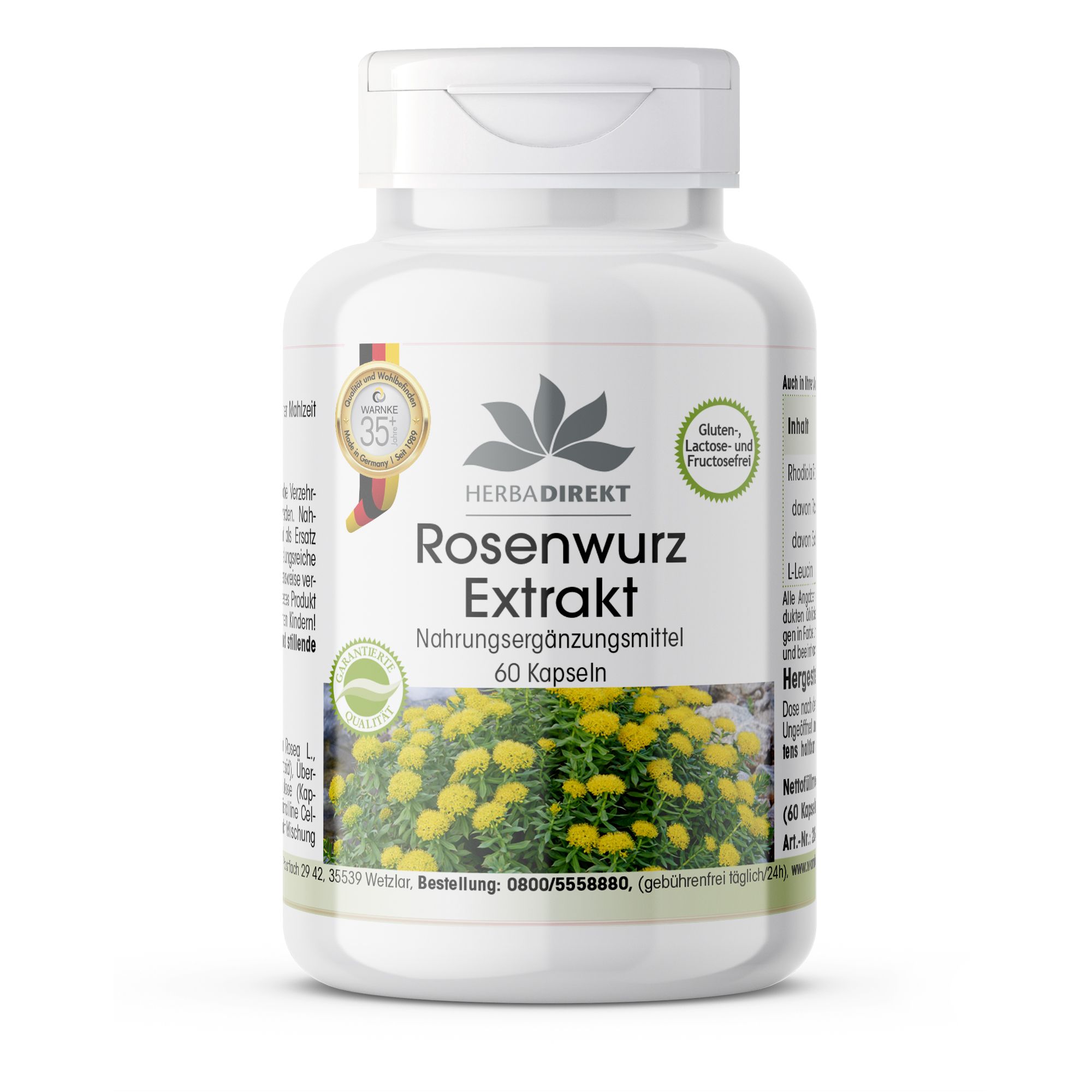 Witte fles met capsules. Opschrift: Rosenwurz Extrakt, 60 capsules. Logo en zegel. Gluten-, lactose- en fructosevrij.