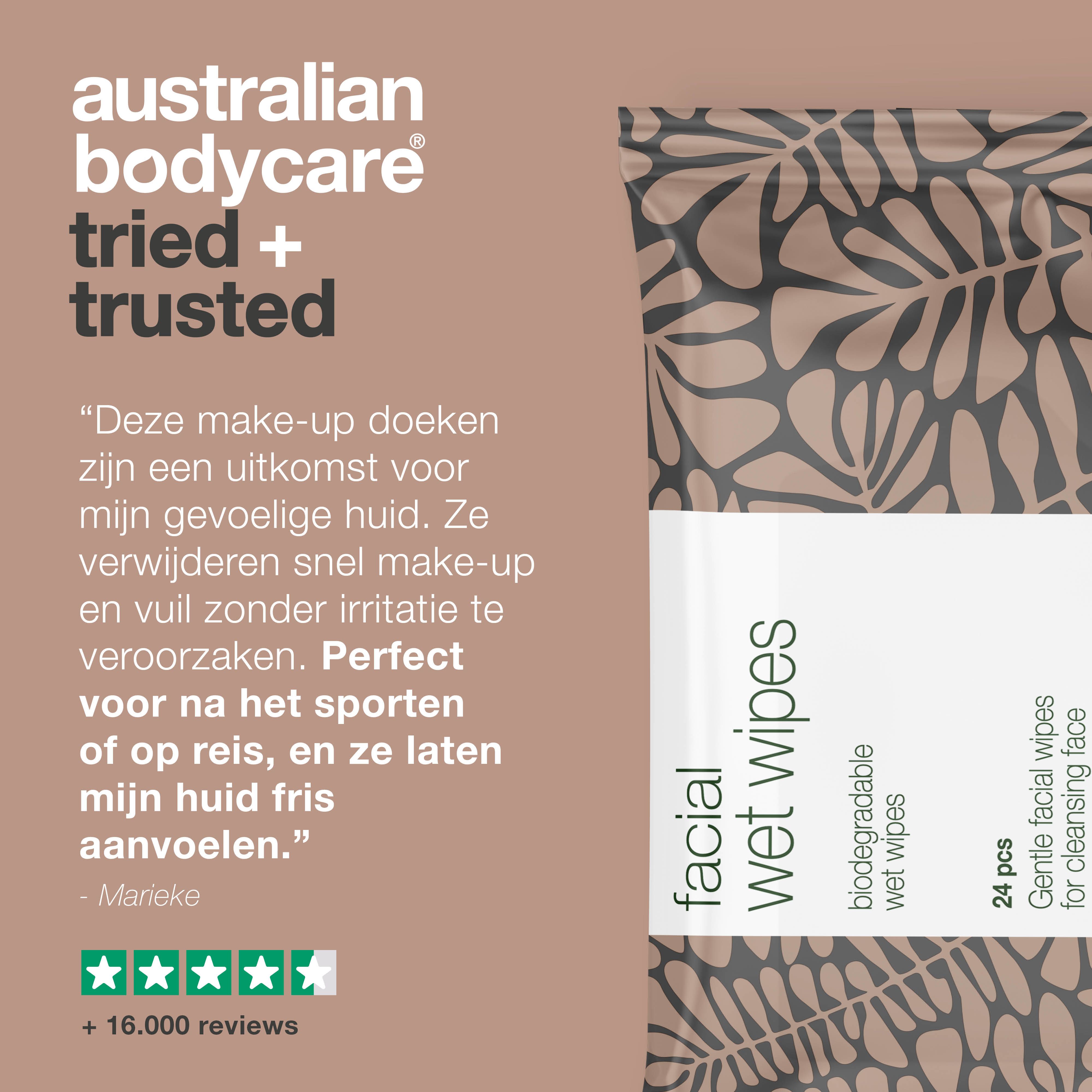 Collage: mensen met producten van Australian Bodycare. Logo en '+100.000 tevreden klanten'.