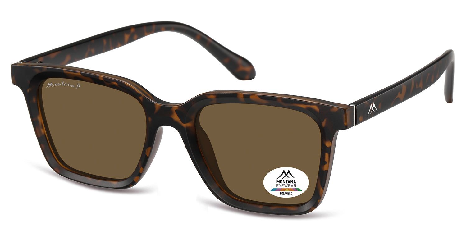 Lunettes de soleil marron avec monture marron. Un autocollant avec le logo Montana Eyewear est sur le verre droit.