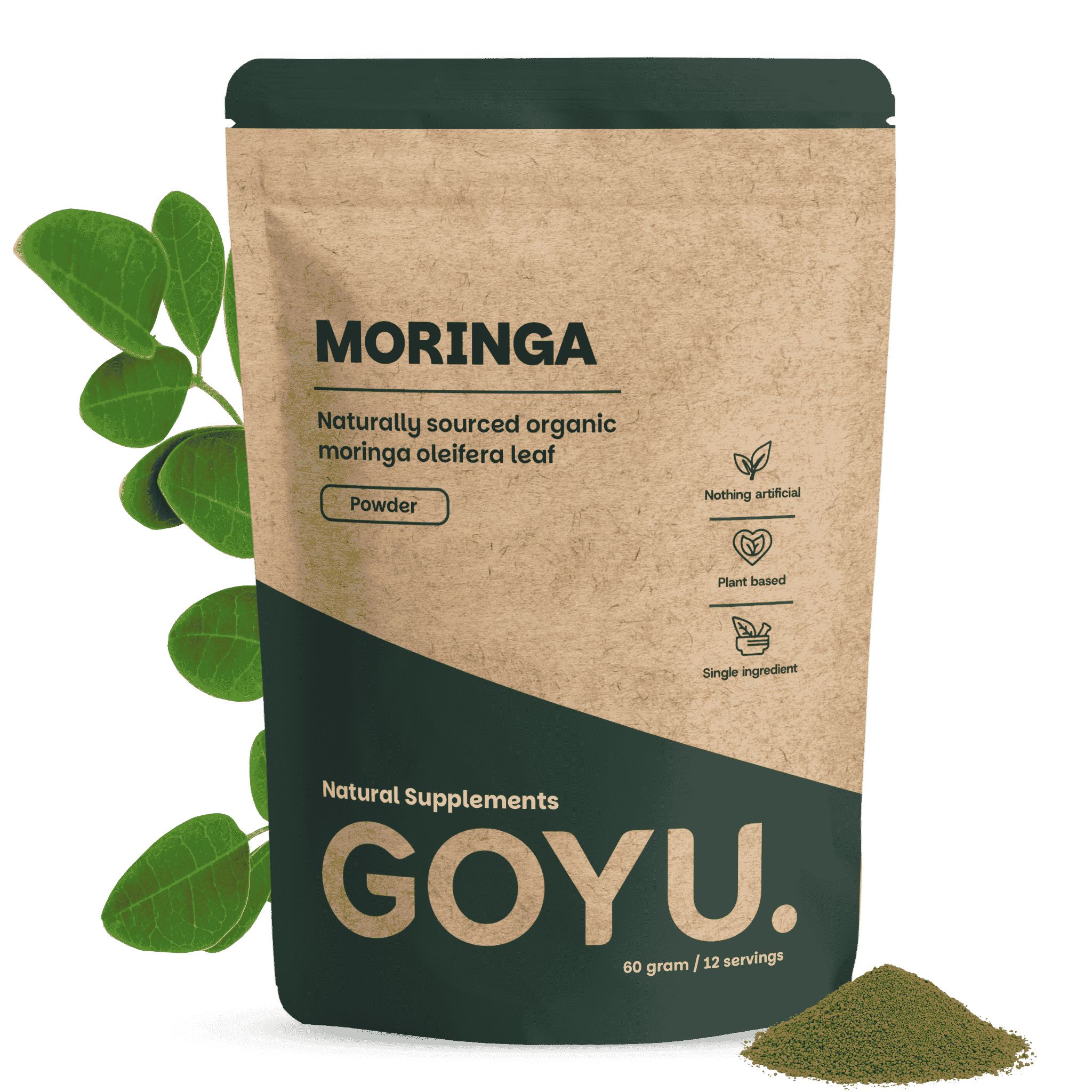 Bruine zak met Moringa poeder, met een groene tak ernaast.
