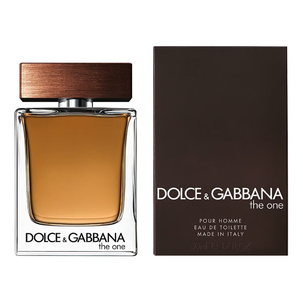 Fles en verpakking van Dolce & Gabbana The One. Rechthoekige fles met bruine dop. Bruine verpakking met logo.