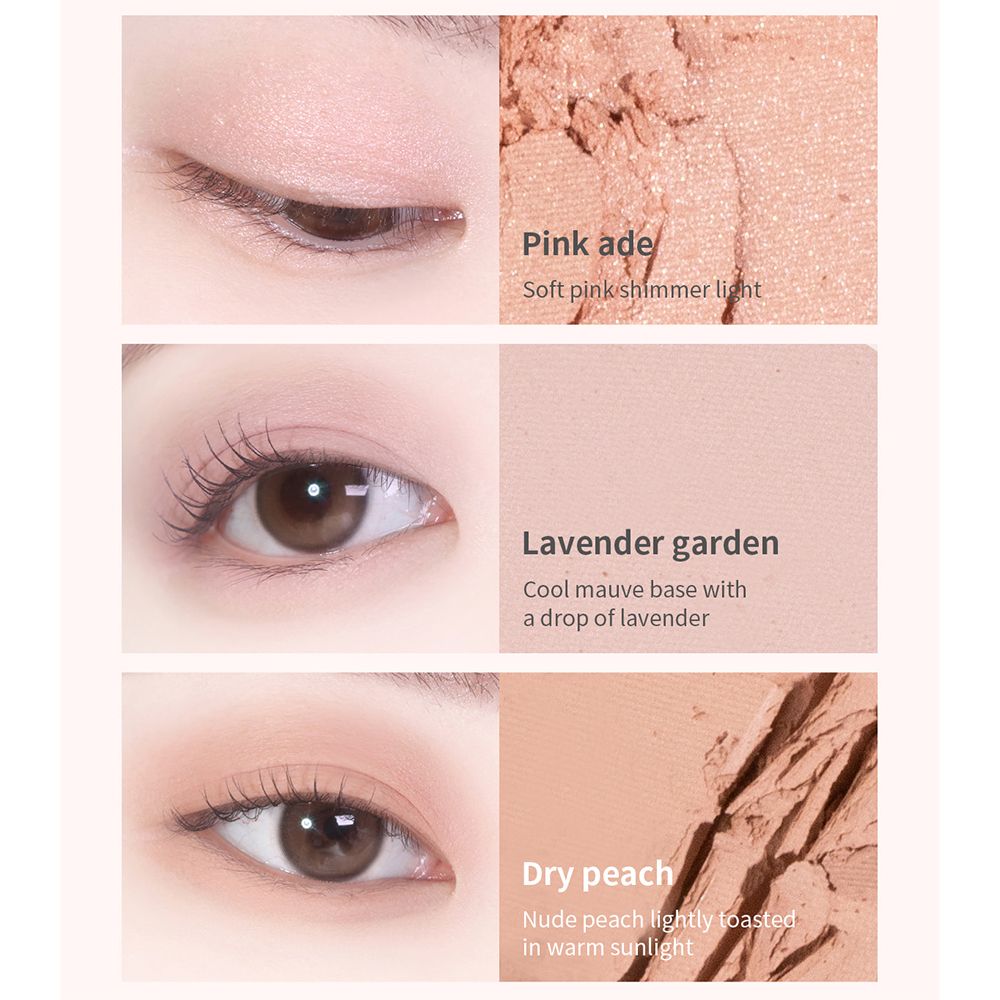 Close-ups van ogen en oogschaduw. Pink ade, Lavender garden, Dry peach. Tekstbeschrijvingen van de kleuren en effecten.