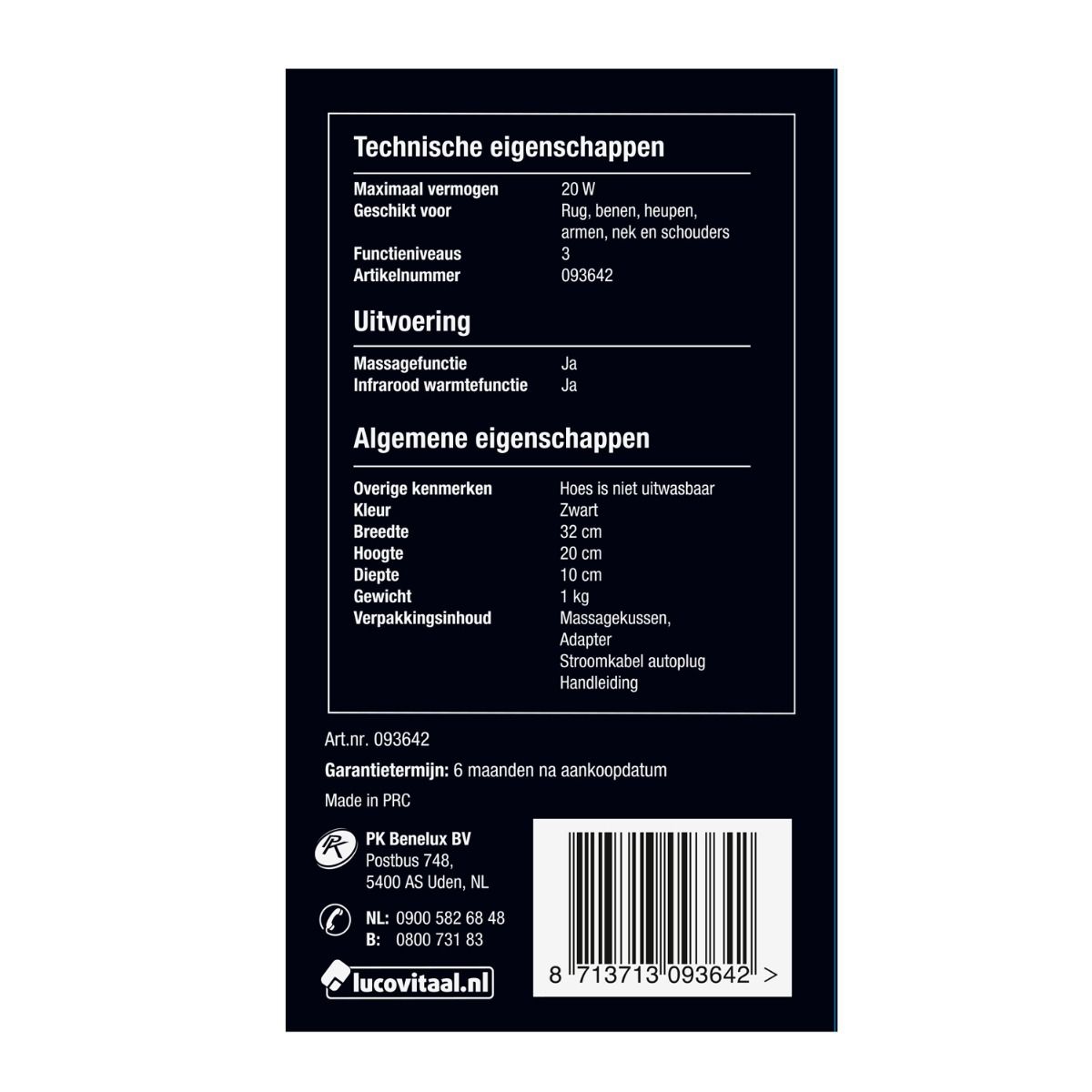 Achterkant van de verpakking met technische gegevens. Info over kleur, afmetingen en gewicht. Merk: Lucovitaal.