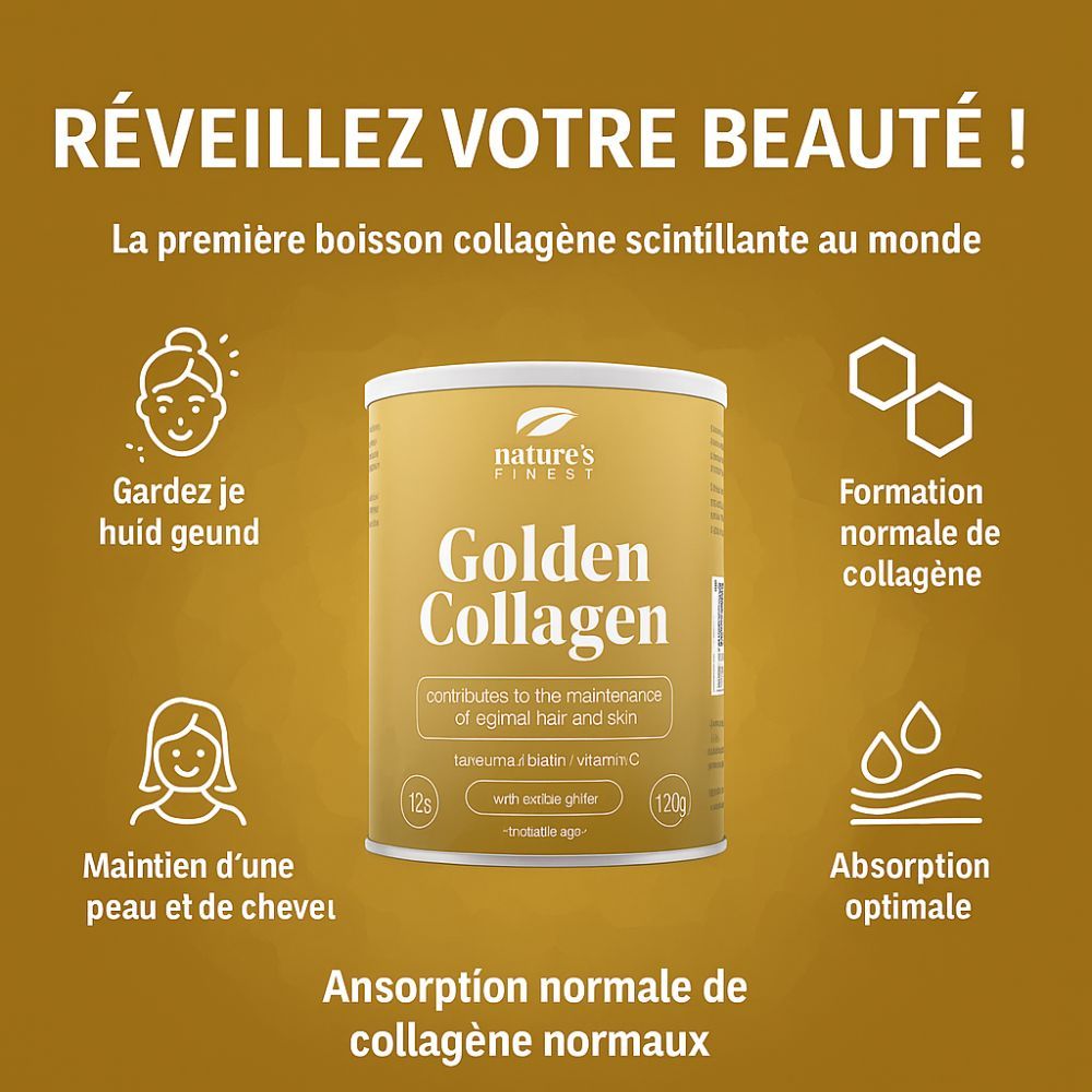 Boîte de Golden Collagen. Contient curcuma, biotine, vitamine C. Illustrations de peau, cheveux et collagène.