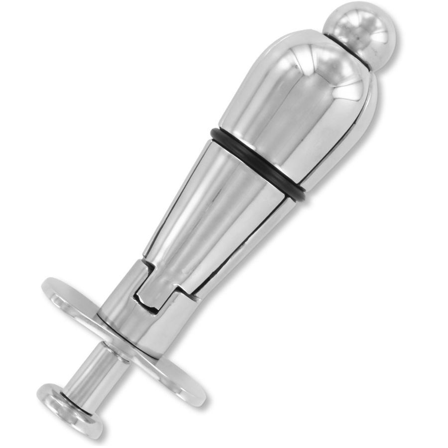 Un applicateur brillant en forme de seringue, en chrome, avec un anneau noir et une extrémité sphérique.