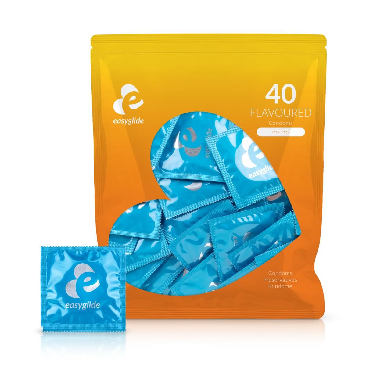 Oranje-gele EasyGlide verpakking met hartvormig venster, gevuld met blauwe condoompakketjes.