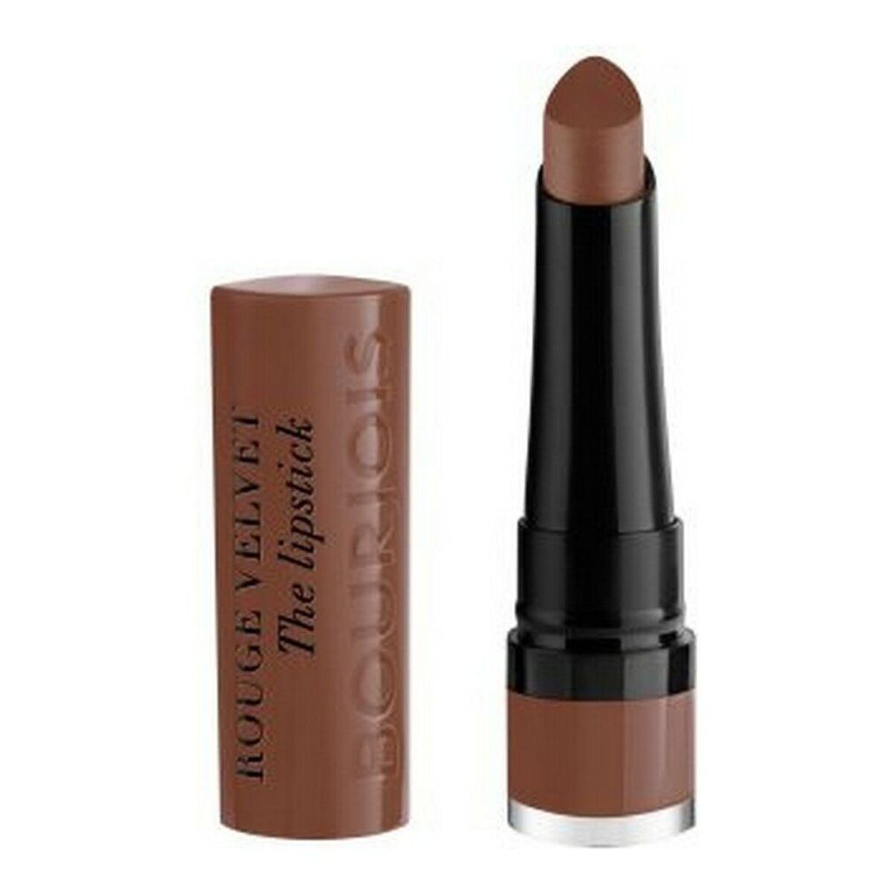 Rouge à lèvres, étui et embout marron. Inscription: ROUGE VELVET The lipstick.